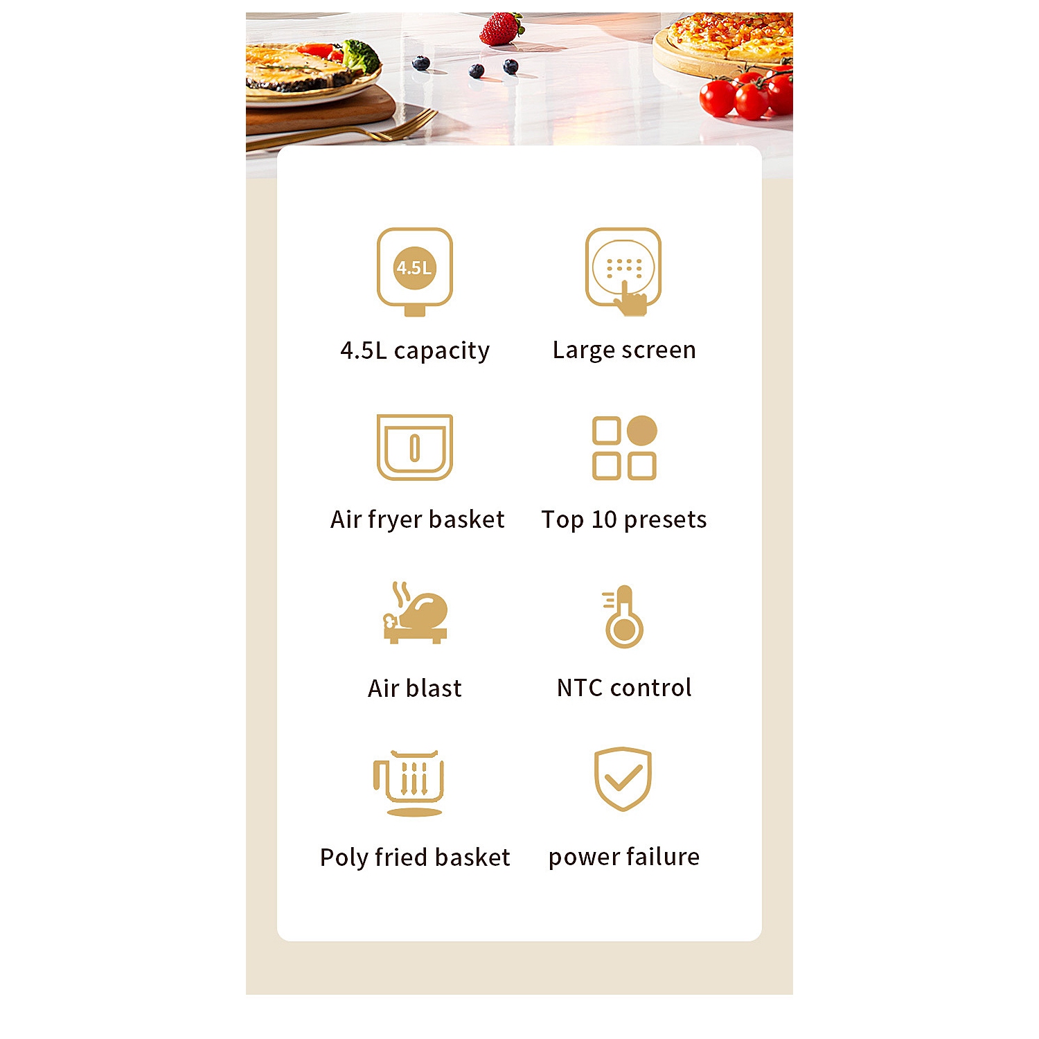 Friteuse à air chaud intelligente de 4,5 L avec affichage visuel, grande capacité en verre, blanc doux, chauffage ambiophonique 3D, cuisson à