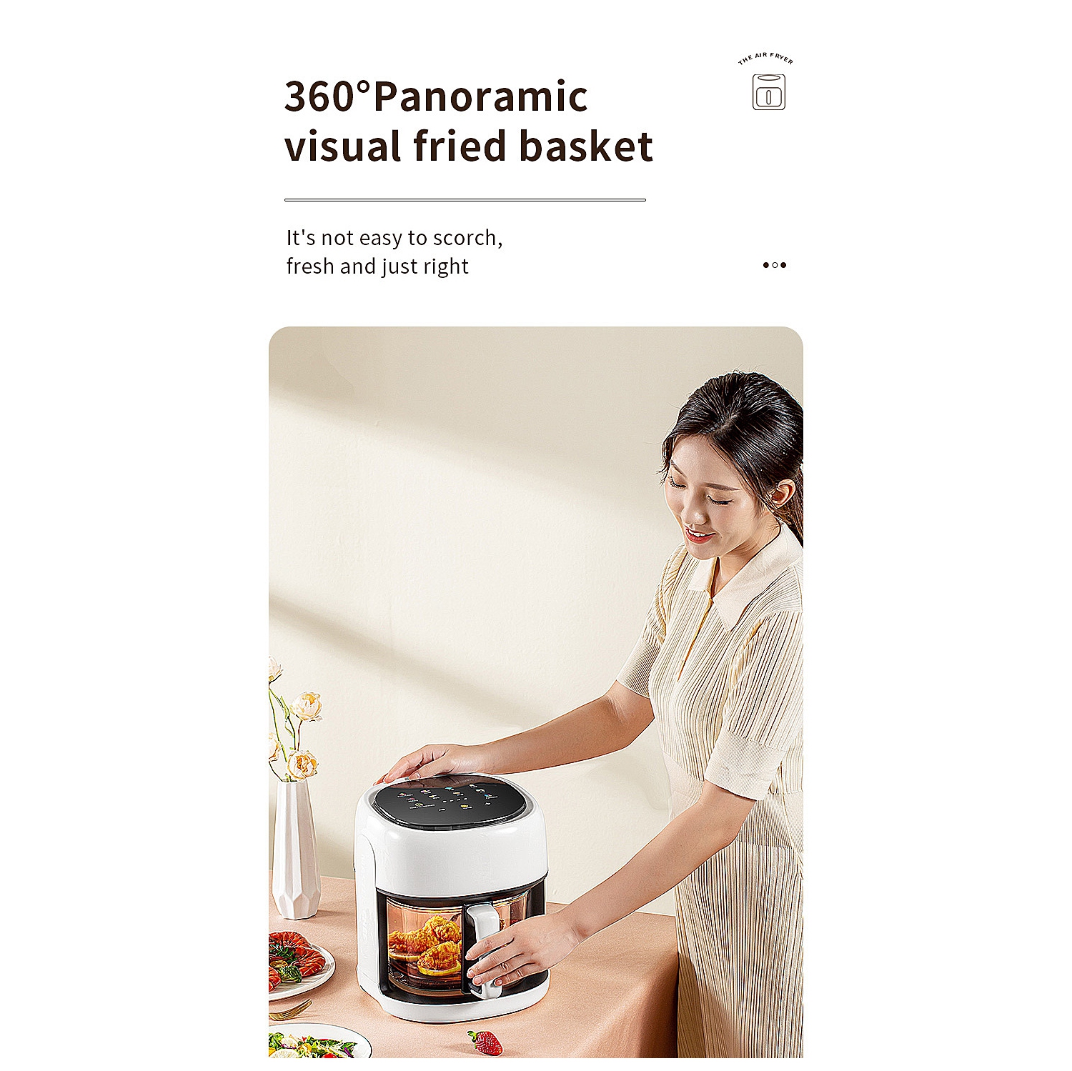 Friteuse à air chaud intelligente de 4,5 L avec affichage visuel, grande capacité en verre, blanc doux, chauffage ambiophonique 3D, cuisson à