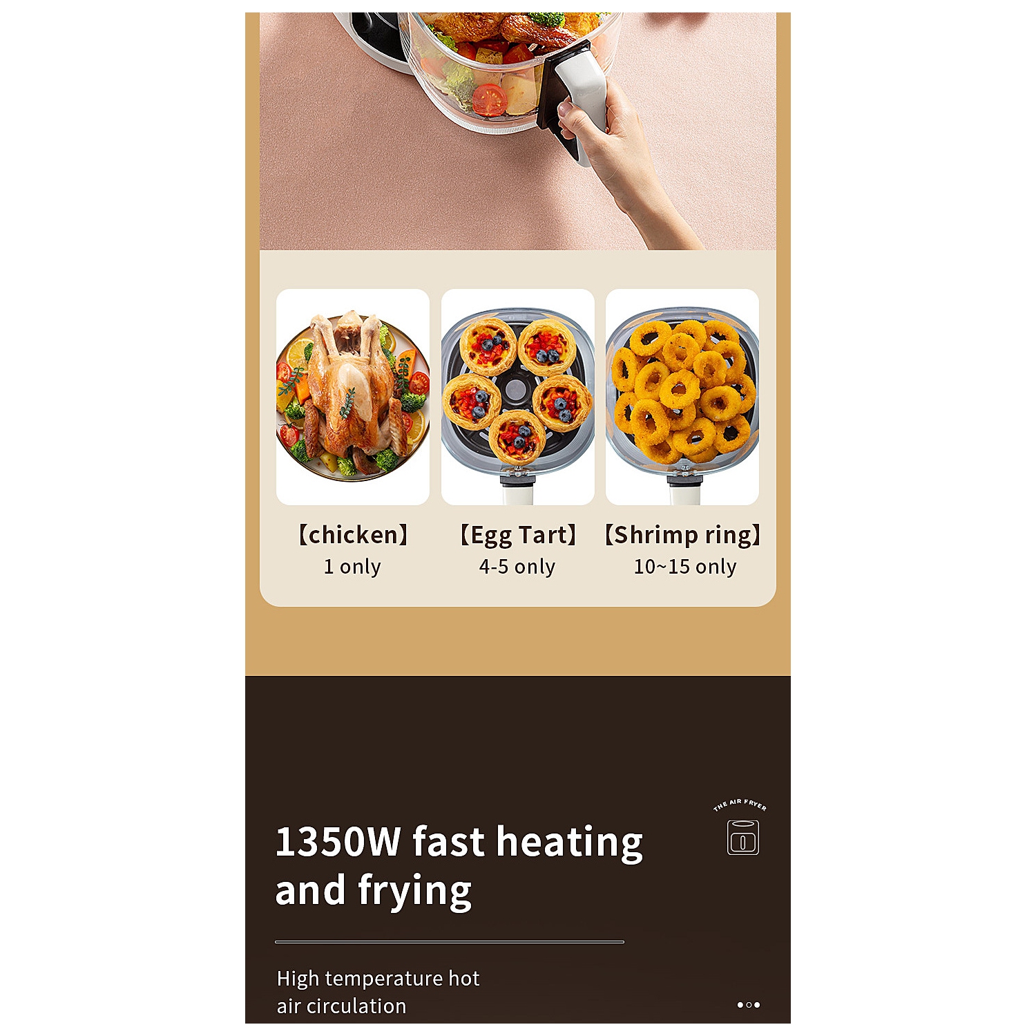 Friteuse à air chaud intelligente de 4,5 L avec affichage visuel, grande capacité en verre, blanc doux, chauffage ambiophonique 3D, cuisson à