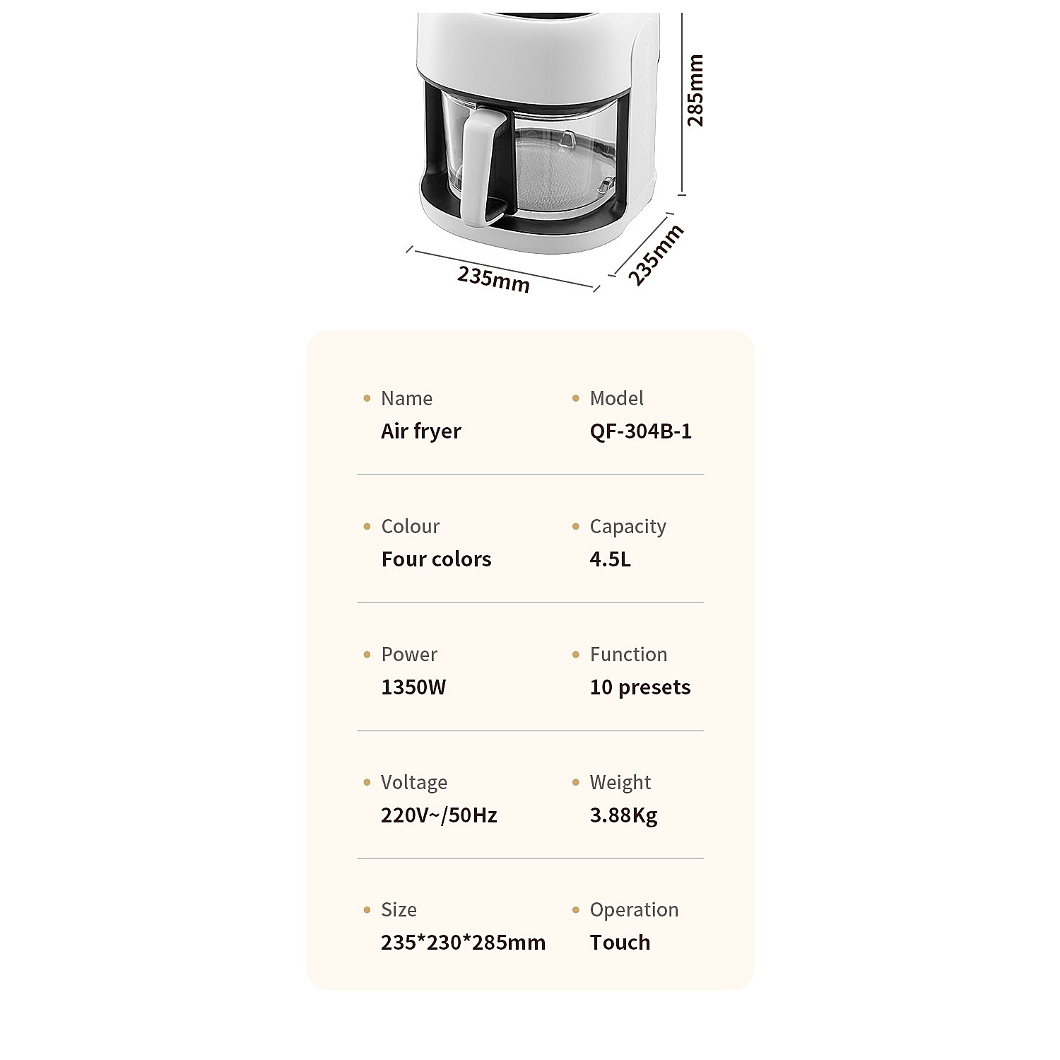 Friteuse à air chaud intelligente de 4,5 L avec affichage visuel, grande capacité en verre, blanc doux, chauffage ambiophonique 3D, cuisson à