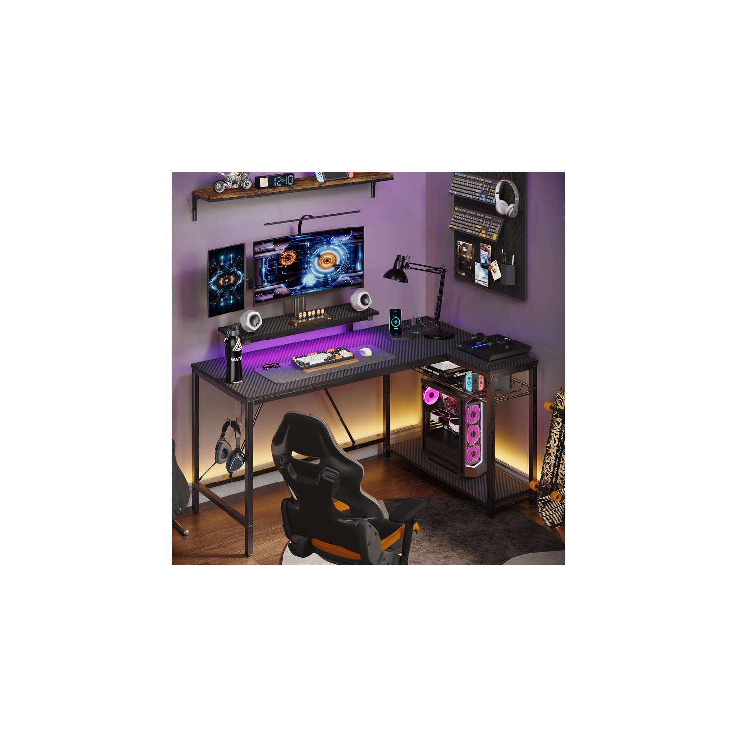 Bureau d'ordinateur en L de 52&nbsp;po de largeur avec prise de courant, bureau de jeu LED avec tablettes