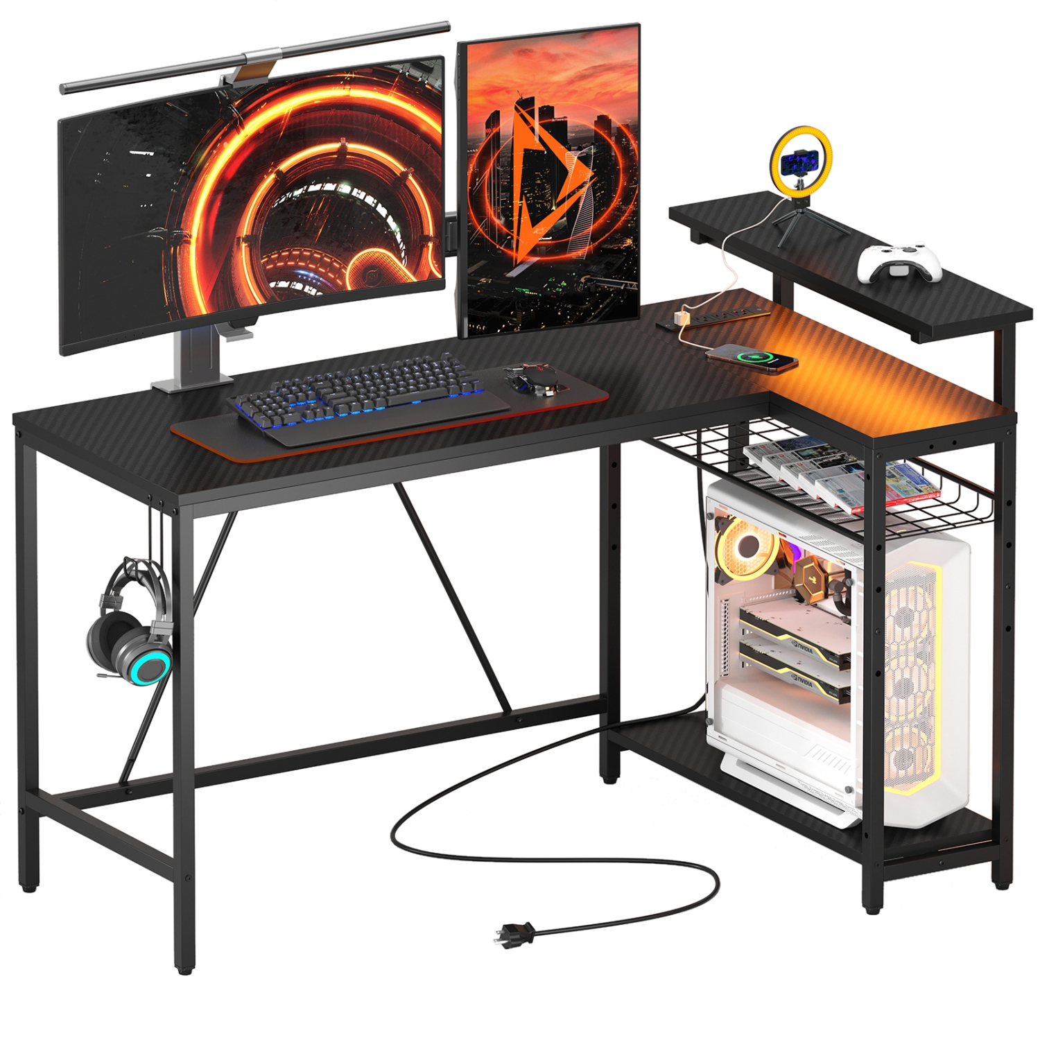 Bureau d'ordinateur en L de 52&nbsp;po de largeur avec prise de courant, bureau de jeu LED avec tablettes