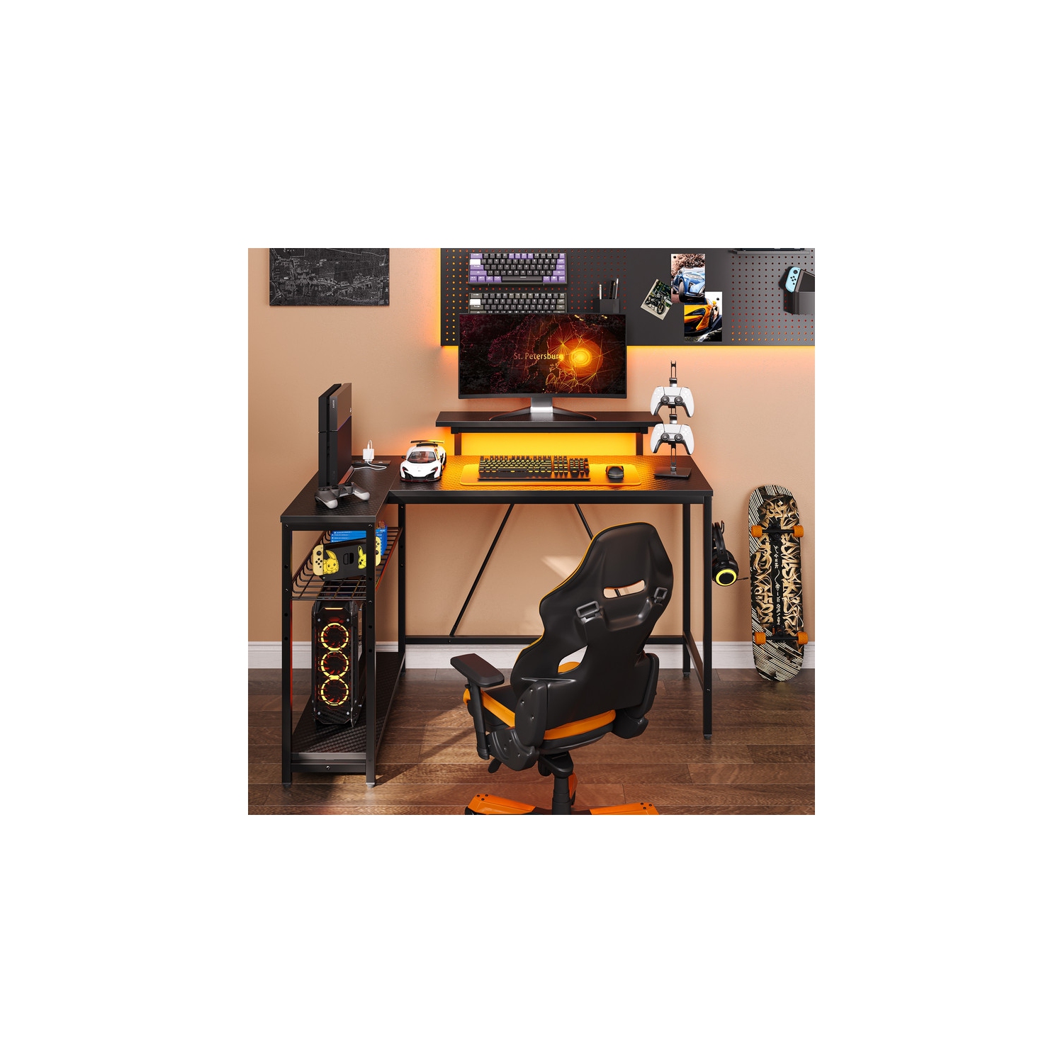 Bureau d'ordinateur en L de 48&nbsp;po avec prise de courant de Bestier, bureau de jeu LED avec support pour moniteur