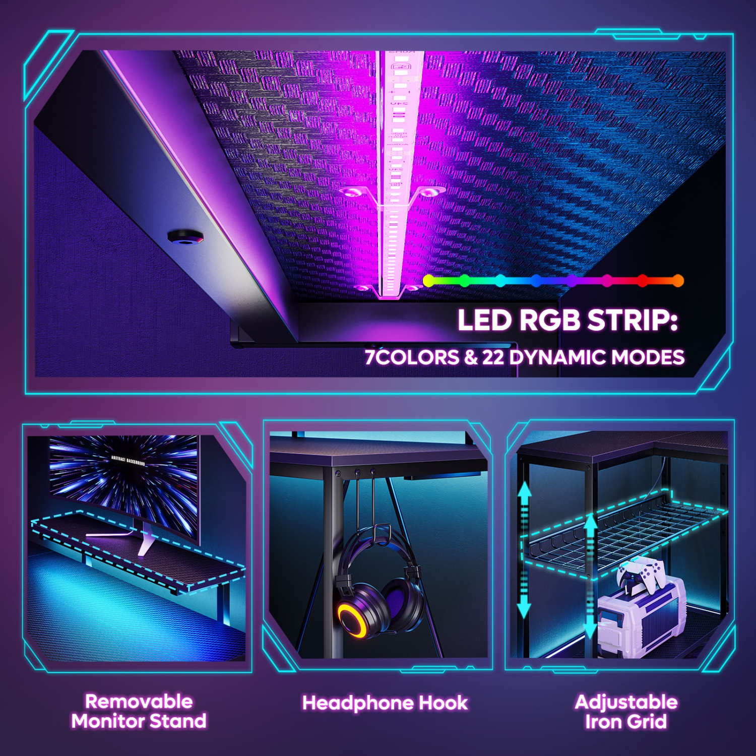 Bureau d'ordinateur en L de 48&nbsp;po avec prise de courant de Bestier, bureau de jeu LED avec support pour moniteur