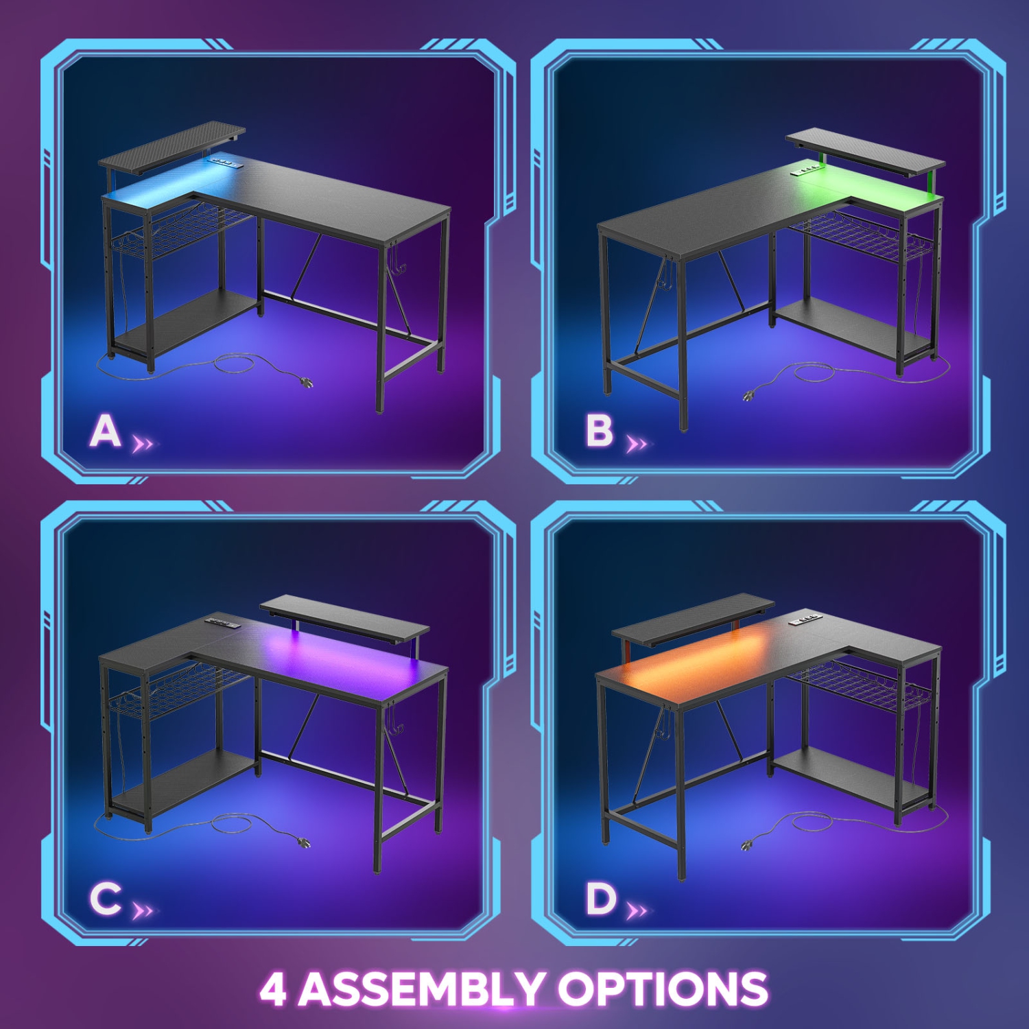 Bureau d'ordinateur en L de 48&nbsp;po avec prise de courant de Bestier, bureau de jeu LED avec support pour moniteur