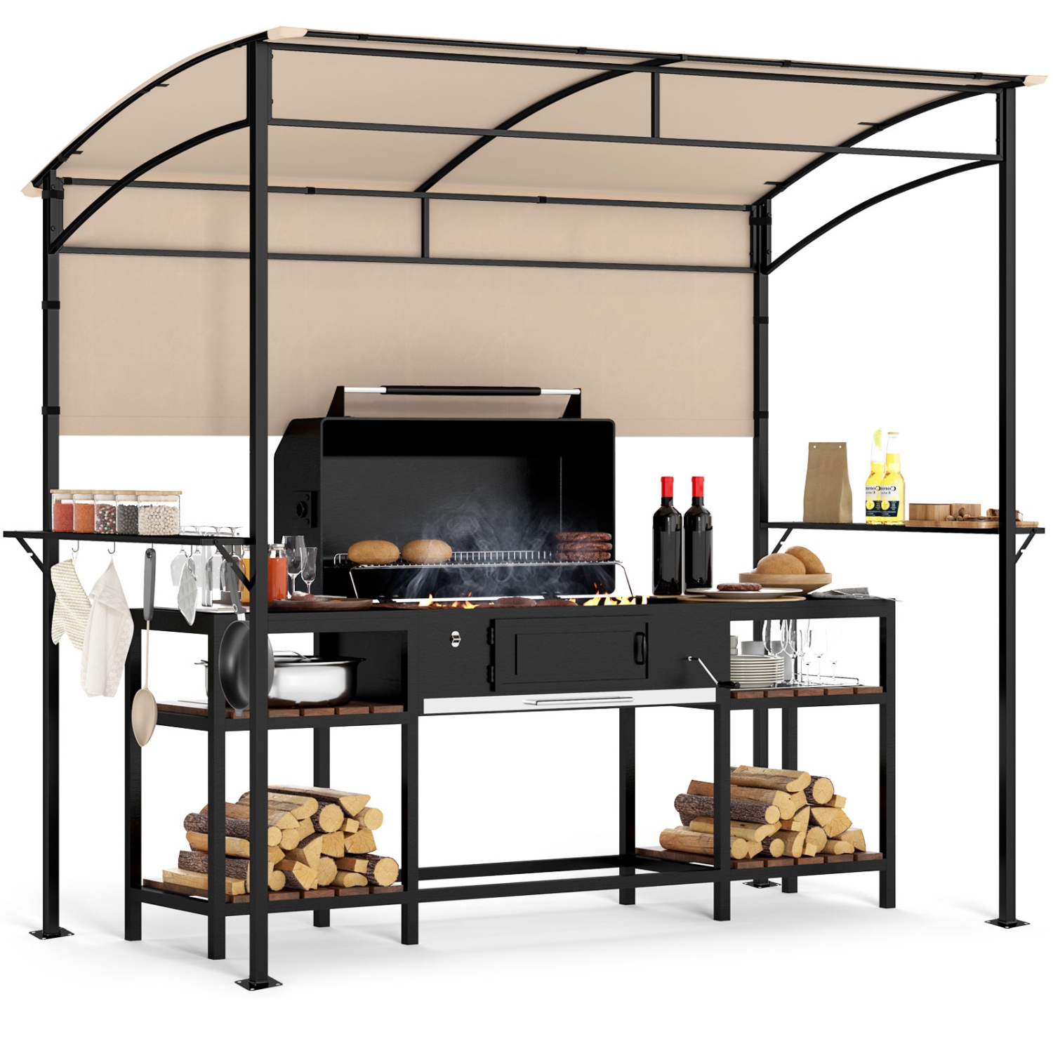 Gymax 7.8 x 4.4 FT Grill Gazebo Outdoor Patio BBQ Canopy w/ Metal Shelves for Backyard
