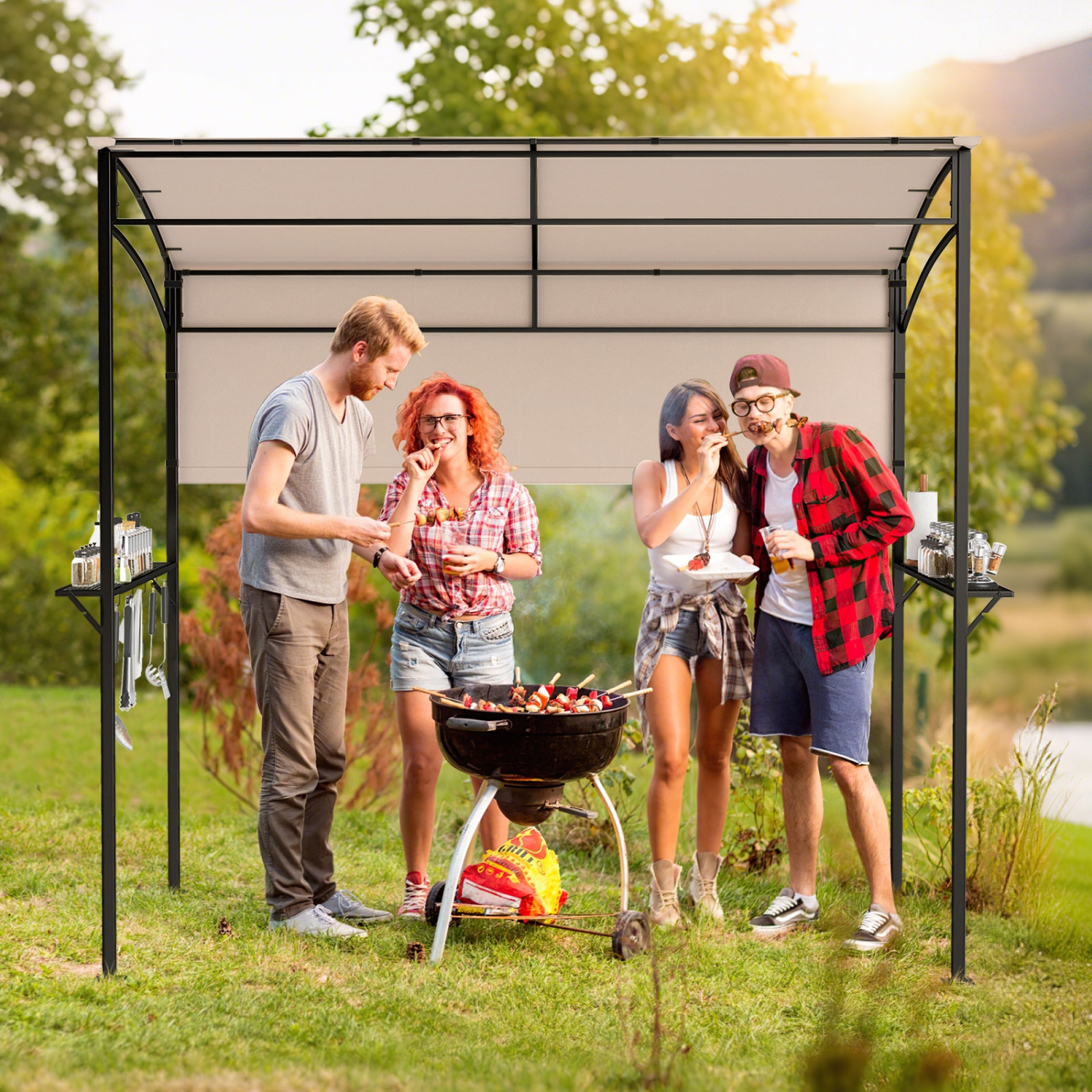 Gymax 7.8 x 4.4 FT Grill Gazebo Outdoor Patio BBQ Canopy w/ Metal Shelves for Backyard