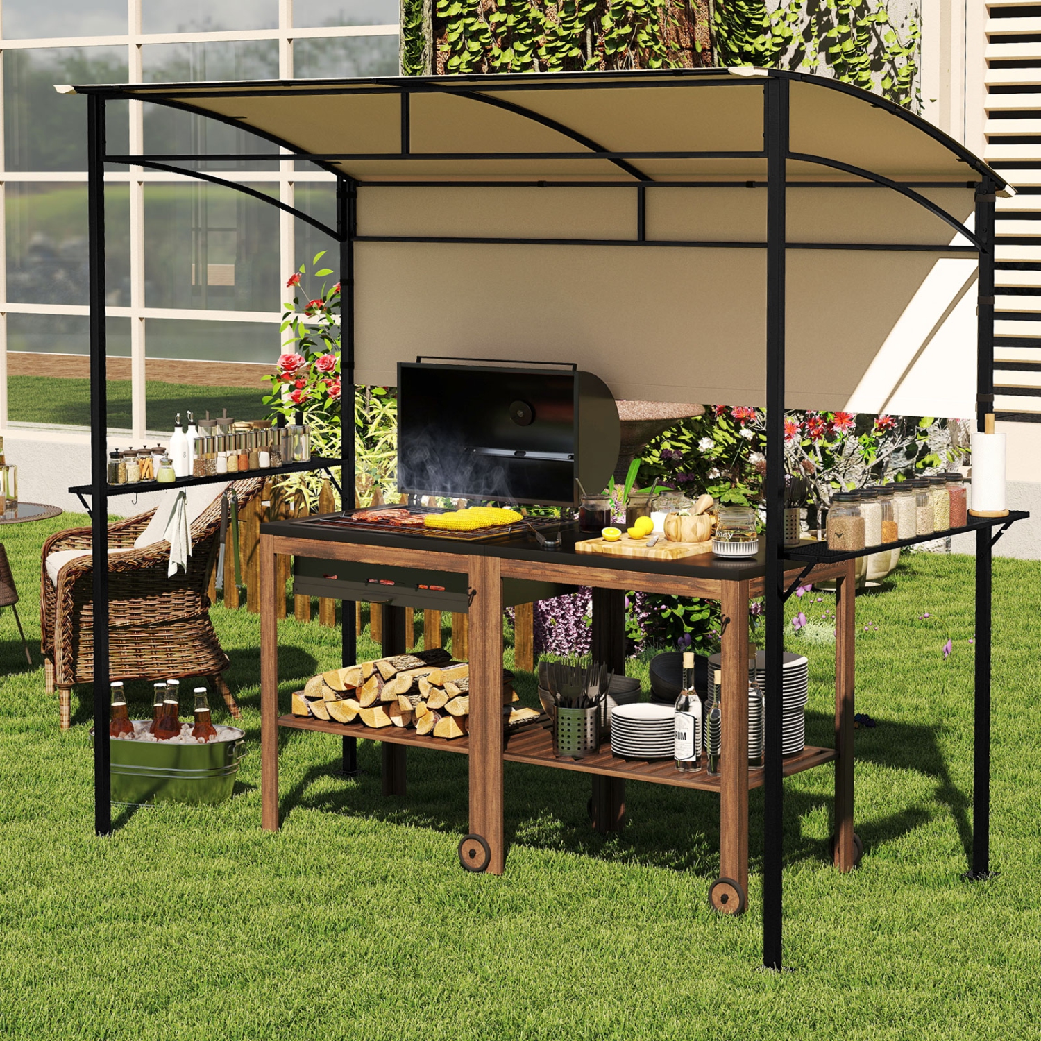 Gymax 7.8 x 4.4 FT Grill Gazebo Outdoor Patio BBQ Canopy w/ Metal Shelves for Backyard
