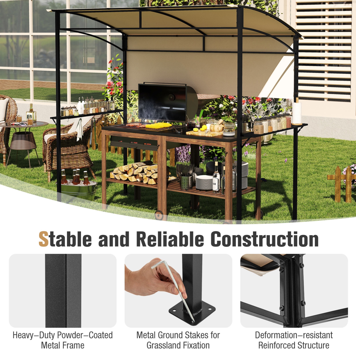 Gymax 7.8 x 4.4 FT Grill Gazebo Outdoor Patio BBQ Canopy w/ Metal Shelves for Backyard