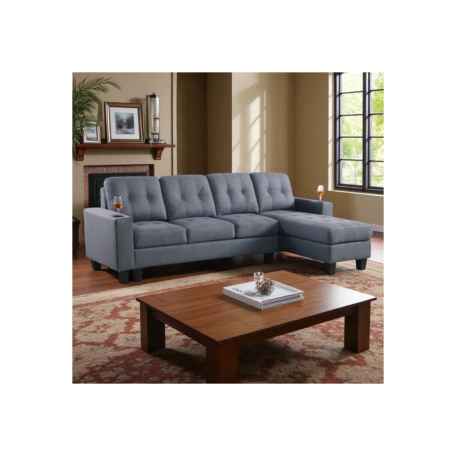 Canapé modulaire recouvert Cosmic Homes avec fauteuil réversible – Gris, canapé en L avec porte-gobelets pour le salon