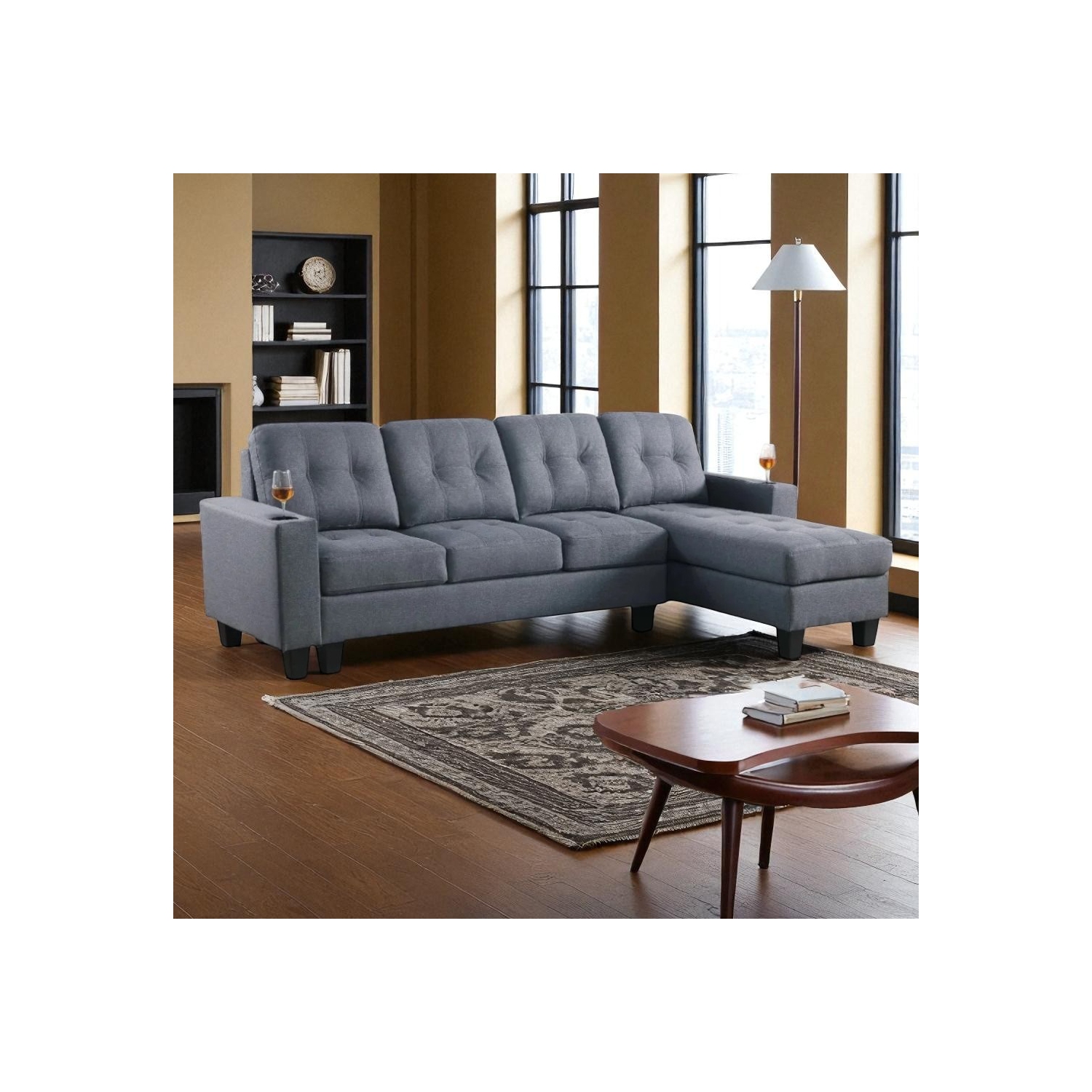 Canapé modulaire recouvert Cosmic Homes avec fauteuil réversible – Gris, canapé en L avec porte-gobelets pour le salon