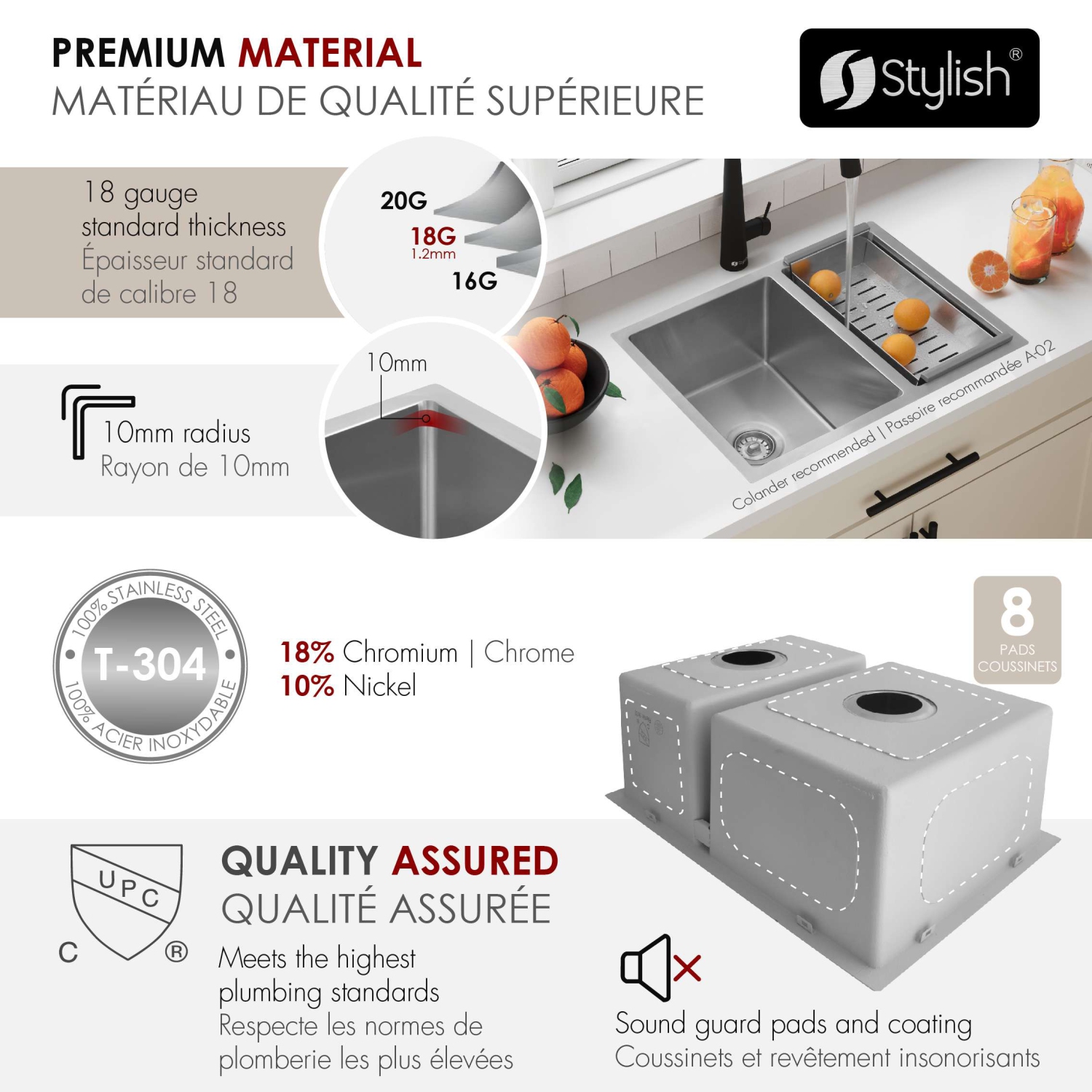 Élégant évier de cuisine à deux bols 60/40 en acier inoxydable de 25&nbsp;po S-425T