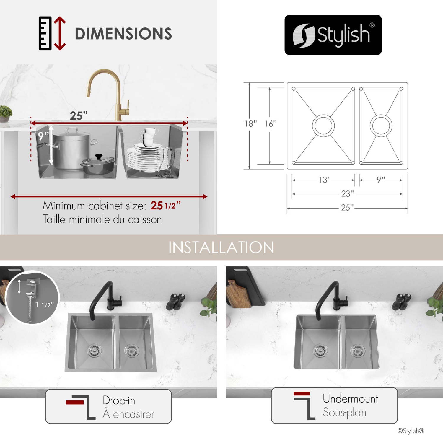 Élégant évier de cuisine à deux bols 60/40 en acier inoxydable de 25&nbsp;po S-425T