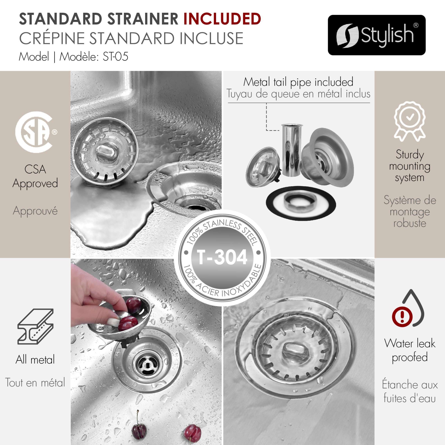 Élégant évier de cuisine à deux bols 60/40 en acier inoxydable de 25&nbsp;po S-425T