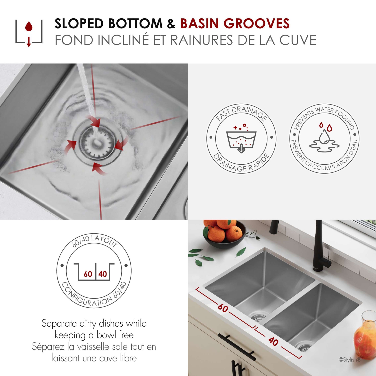 Élégant évier de cuisine à deux bols 60/40 en acier inoxydable de 25&nbsp;po S-425T