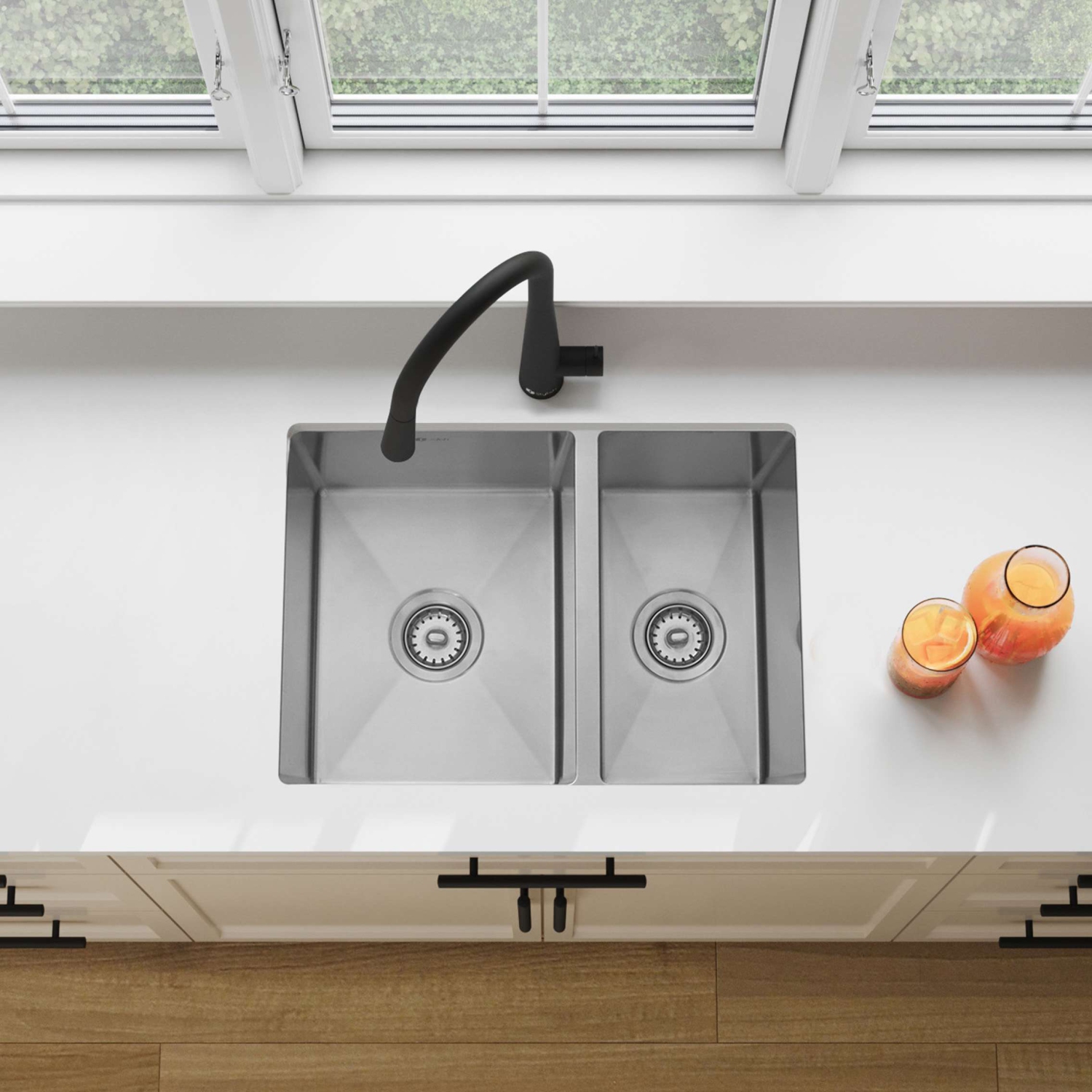 Élégant évier de cuisine à deux bols 60/40 en acier inoxydable de 25&nbsp;po S-425T