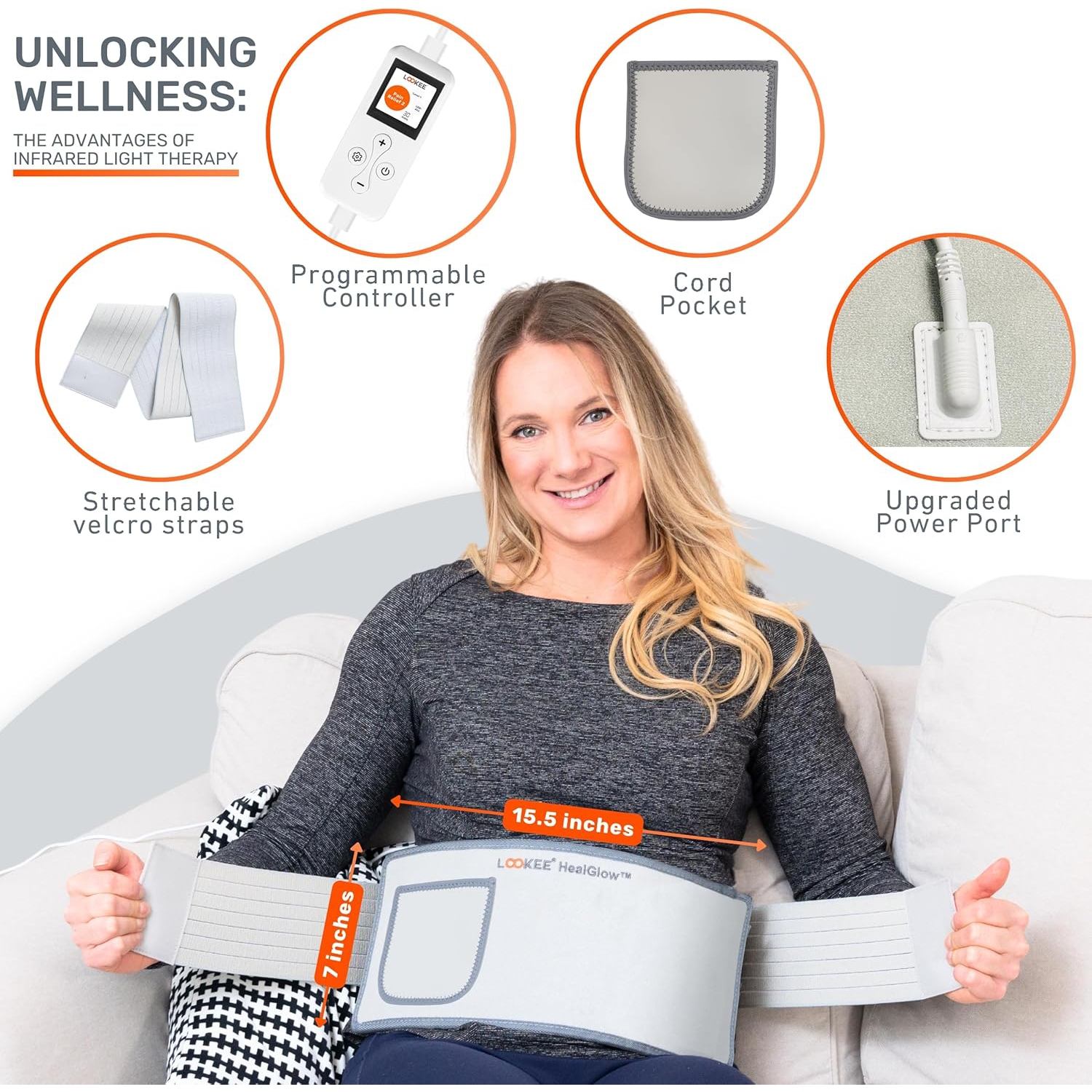 Ceinture de thérapie médicale à infrarouge et à lumière rouge HealGlow Pro de LOOKEE | Programmable avec 10 modes de thérapie | Fièrement canadienne