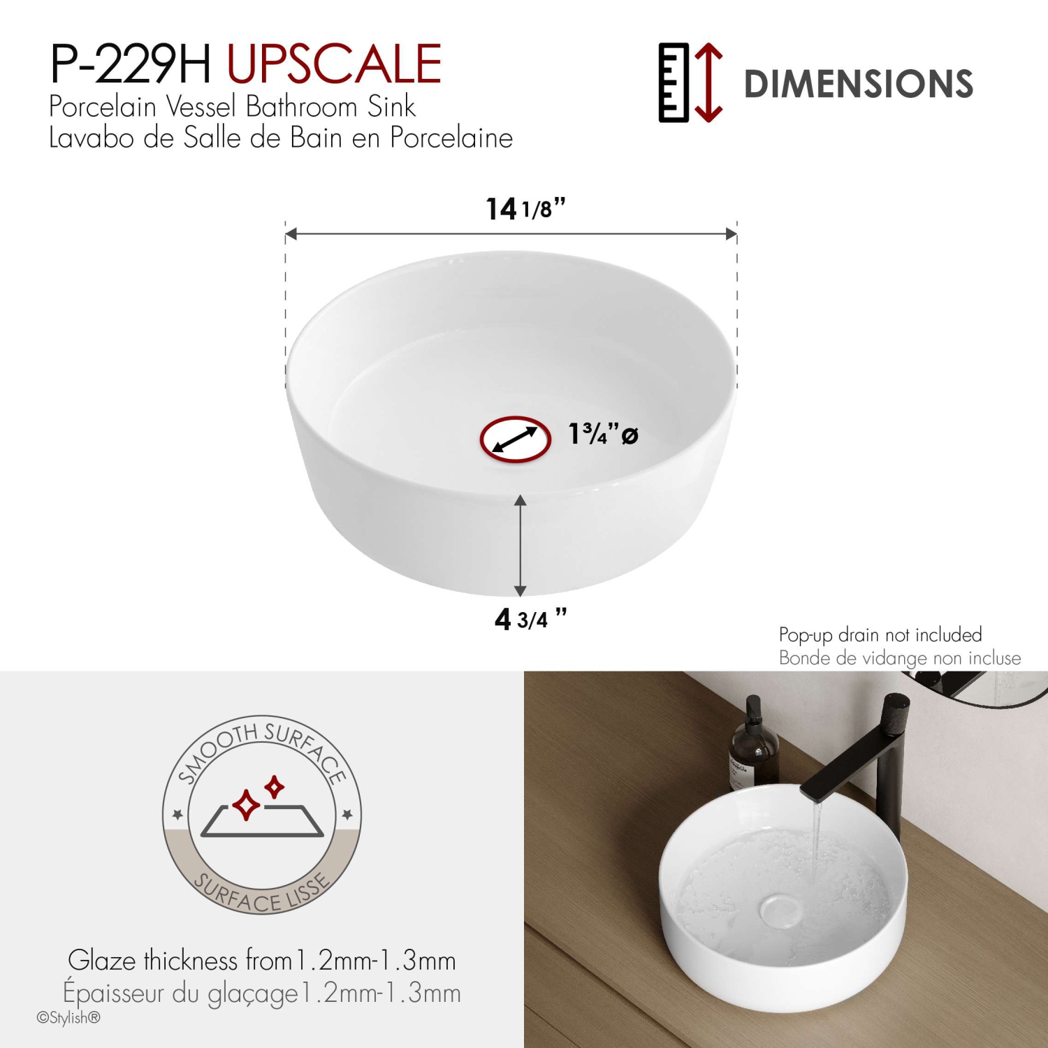 Stylish 14.12"W White Round Vessel Sink
