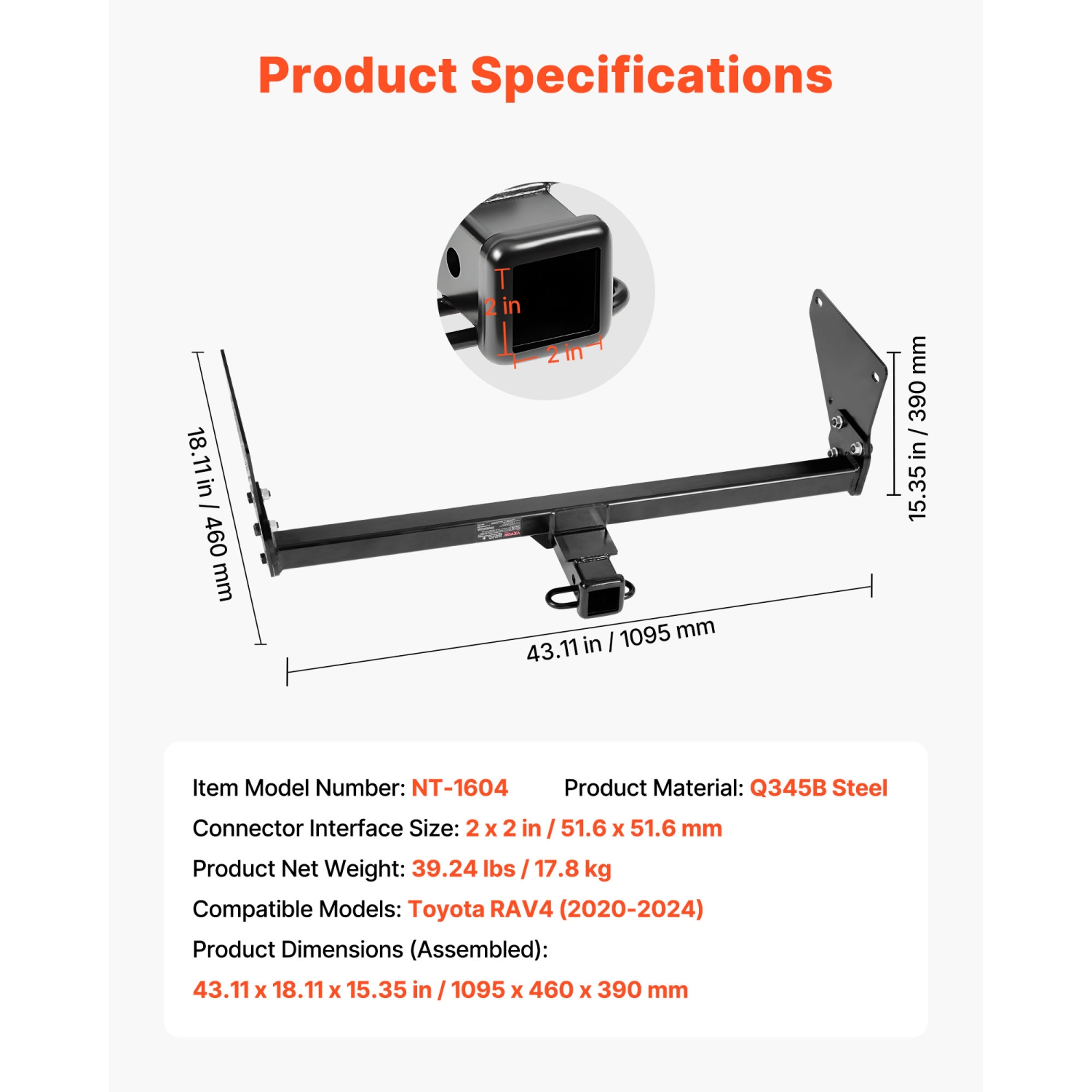 VEVOR Class 3 Trailer Hitch, 2-Inch Receiver, 6000 lbs, Q345B Steel Tube Frame, Compatible with 2020-2024 Toyota RAV4, Multi-Fit Hitch to Receive