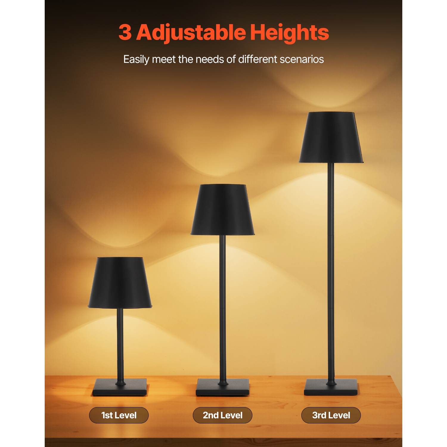 VEVOR 2-Pack Cordless Table Lamp, 5200mAh Built-in Rechargeable Battery Desk Lamp, Stepless Dimming Up, 3 Adjustable Heights, Detachable Lampshade