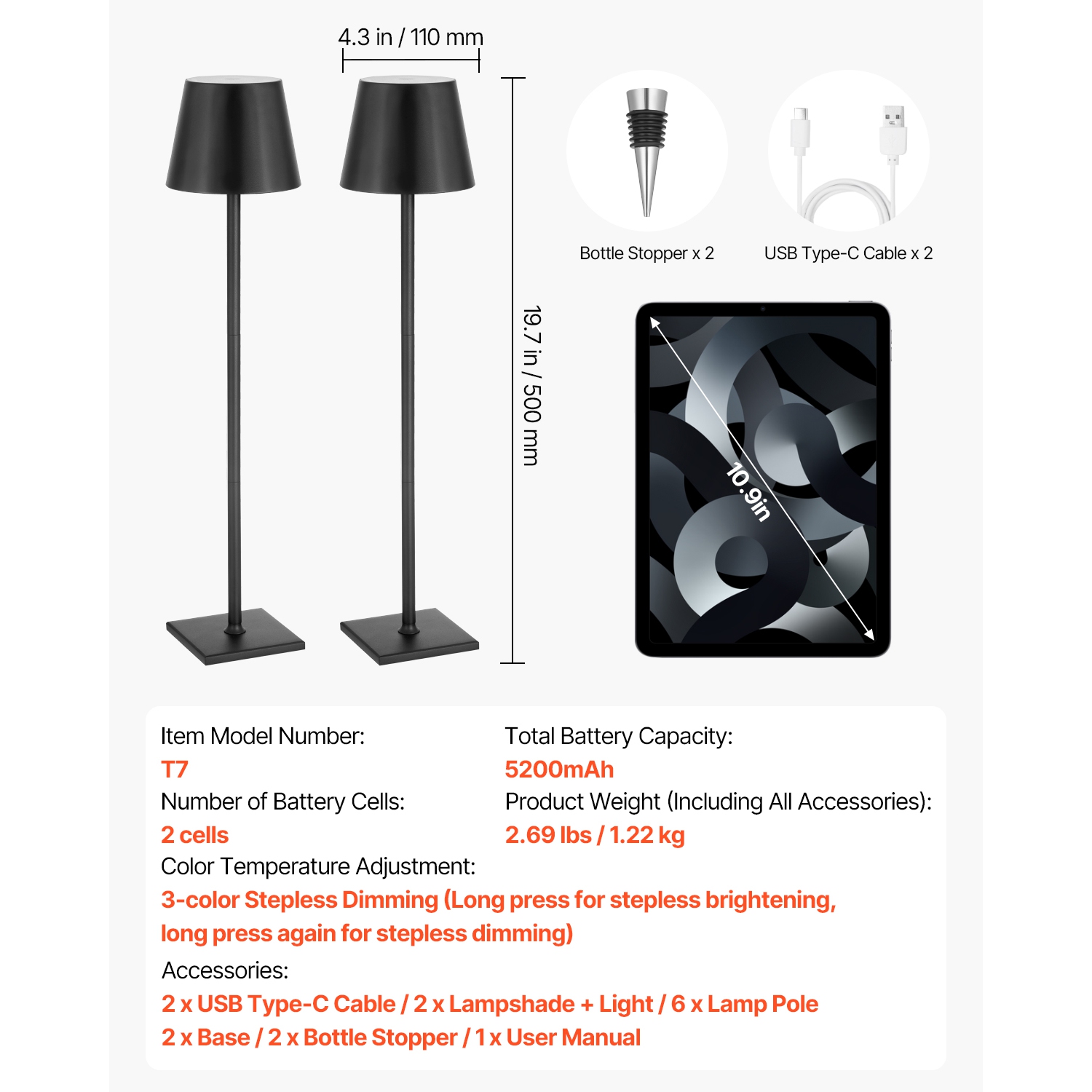 VEVOR 2-Pack Cordless Table Lamp, 5200mAh Built-in Rechargeable Battery Desk Lamp, Stepless Dimming Up, 3 Adjustable Heights, Detachable Lampshade