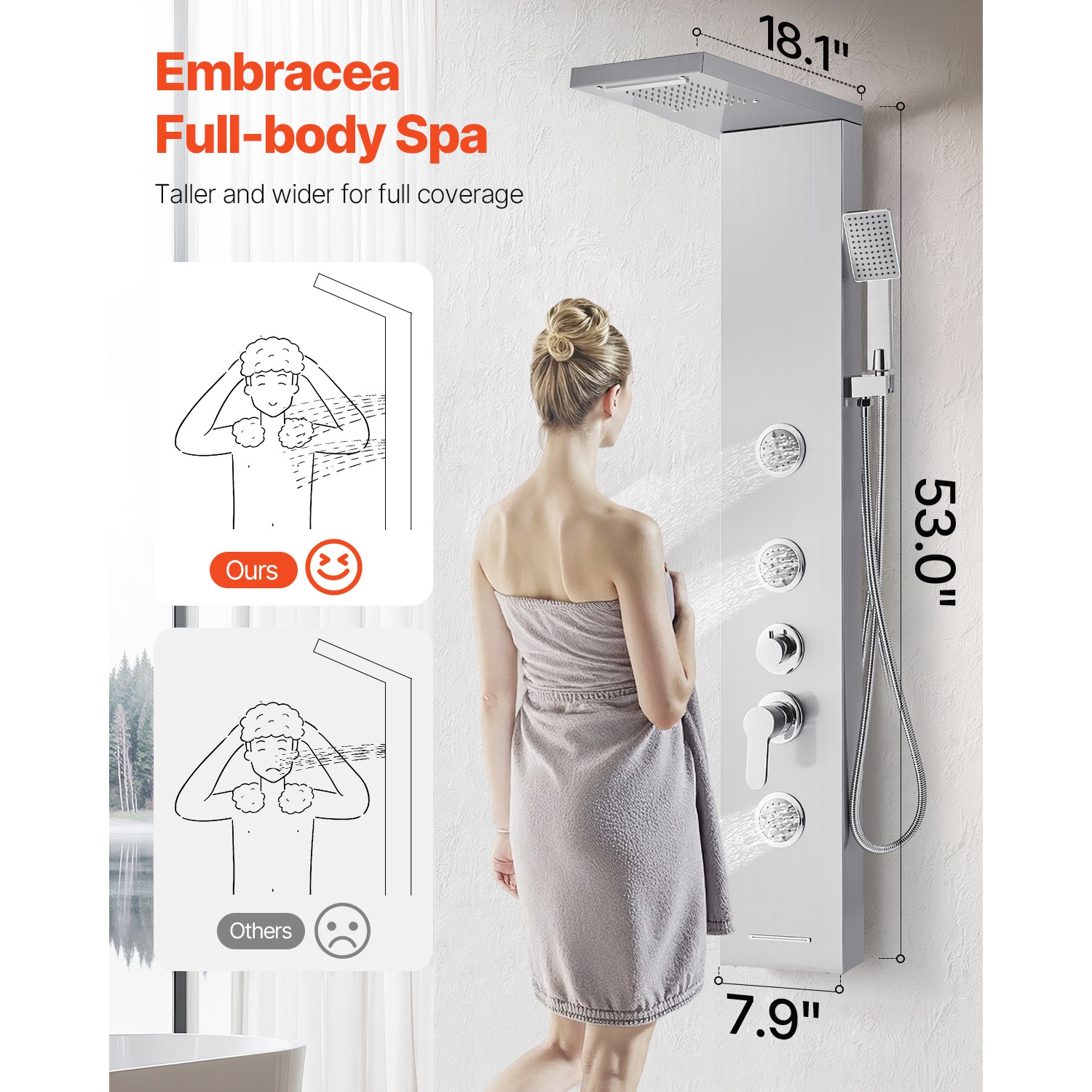 VEVOR 53 in Shower Panel Tower System with Rainfall Waterfall Shower Head, Brushed Stainless Steel Shower Column, 5-Function Faucet, Wall-Mount Rain