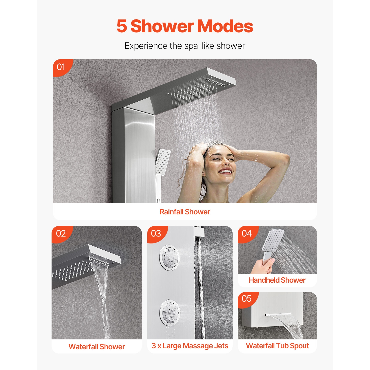 VEVOR 53 in Shower Panel Tower System with Rainfall Waterfall Shower Head, Brushed Stainless Steel Shower Column, 5-Function Faucet, Wall-Mount Rain