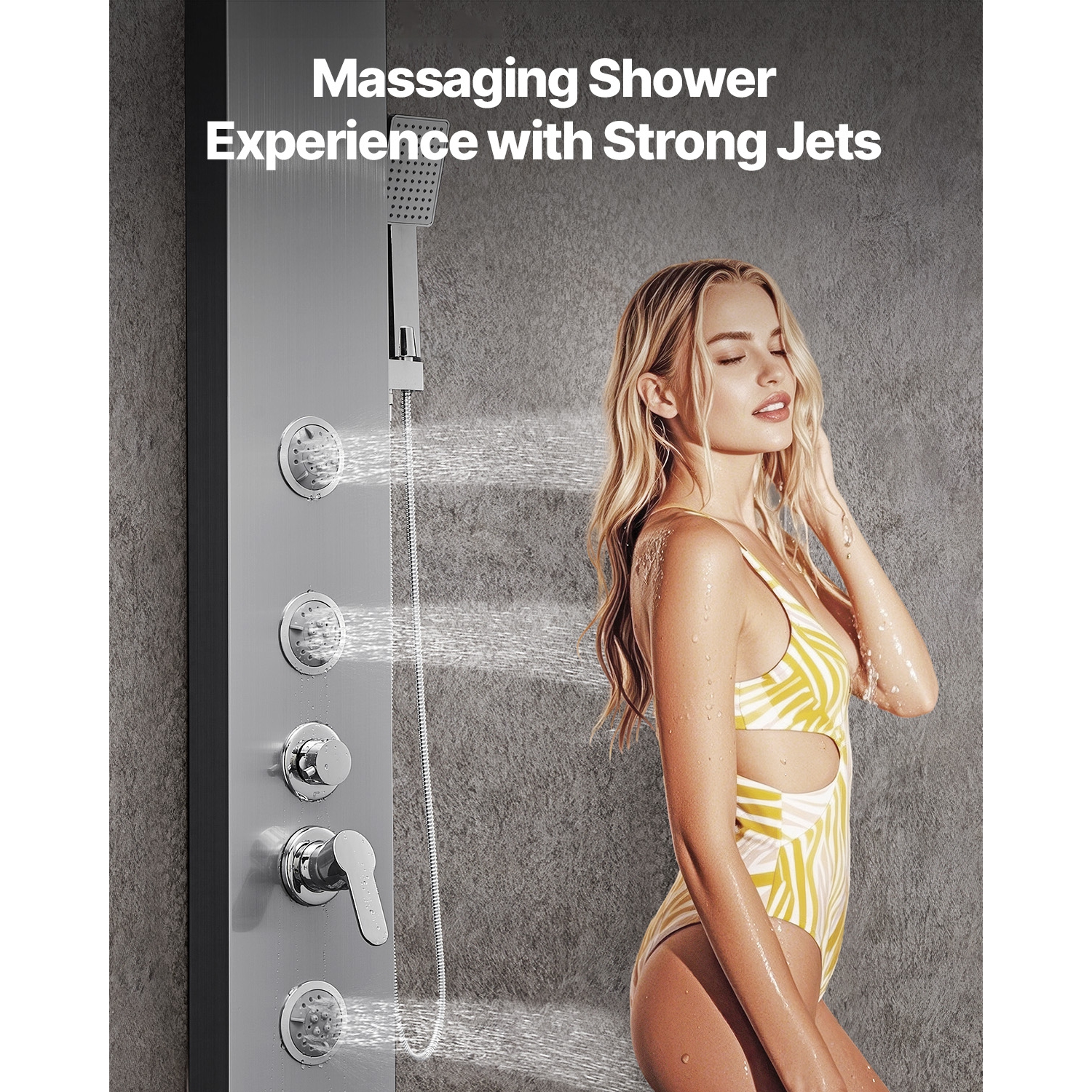 VEVOR 53 in Shower Panel Tower System with Rainfall Waterfall Shower Head, Brushed Stainless Steel Shower Column, 5-Function Faucet, Wall-Mount Rain