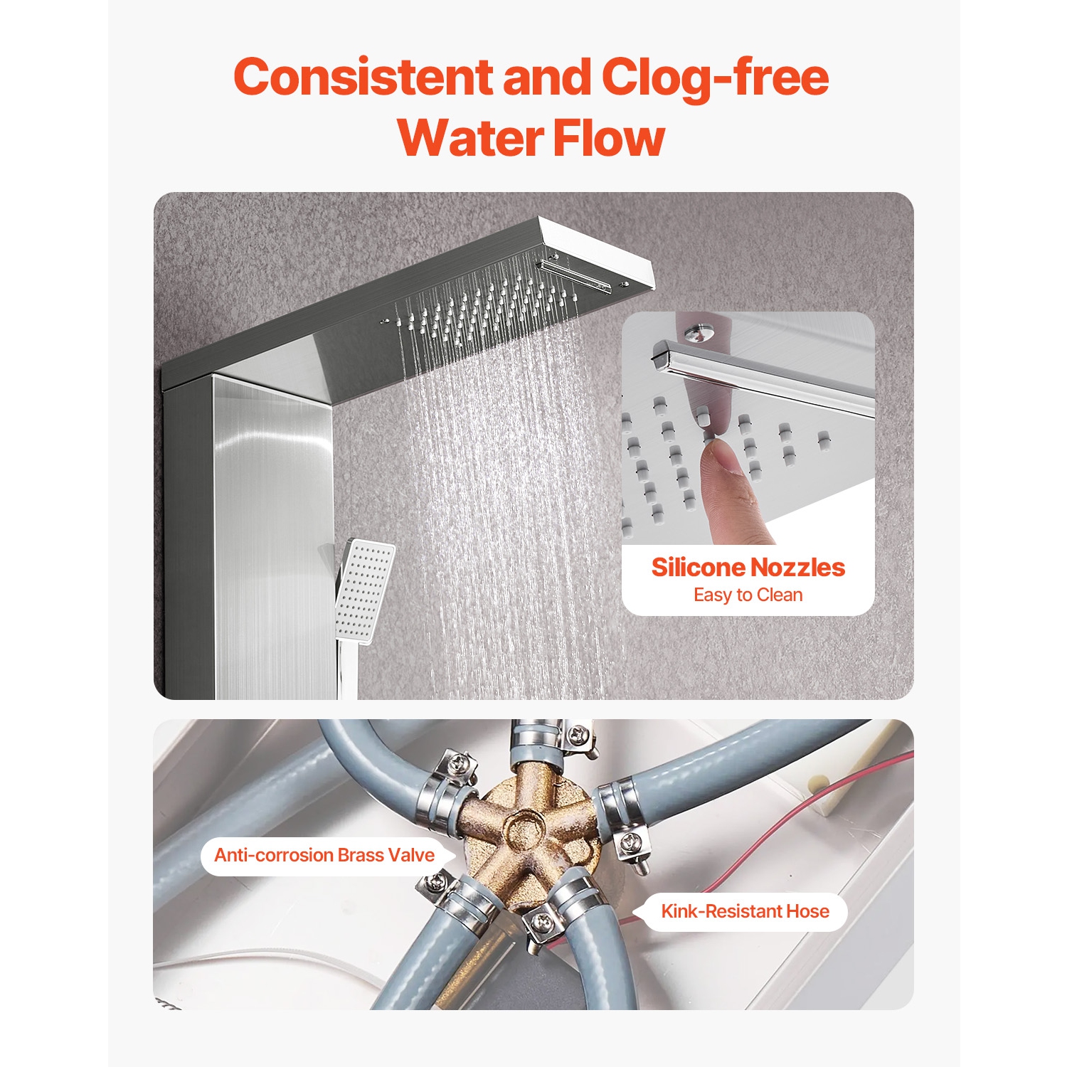 VEVOR 53 in Shower Panel Tower System with Rainfall Waterfall Shower Head, Brushed Stainless Steel Shower Column, 5-Function Faucet, Wall-Mount Rain