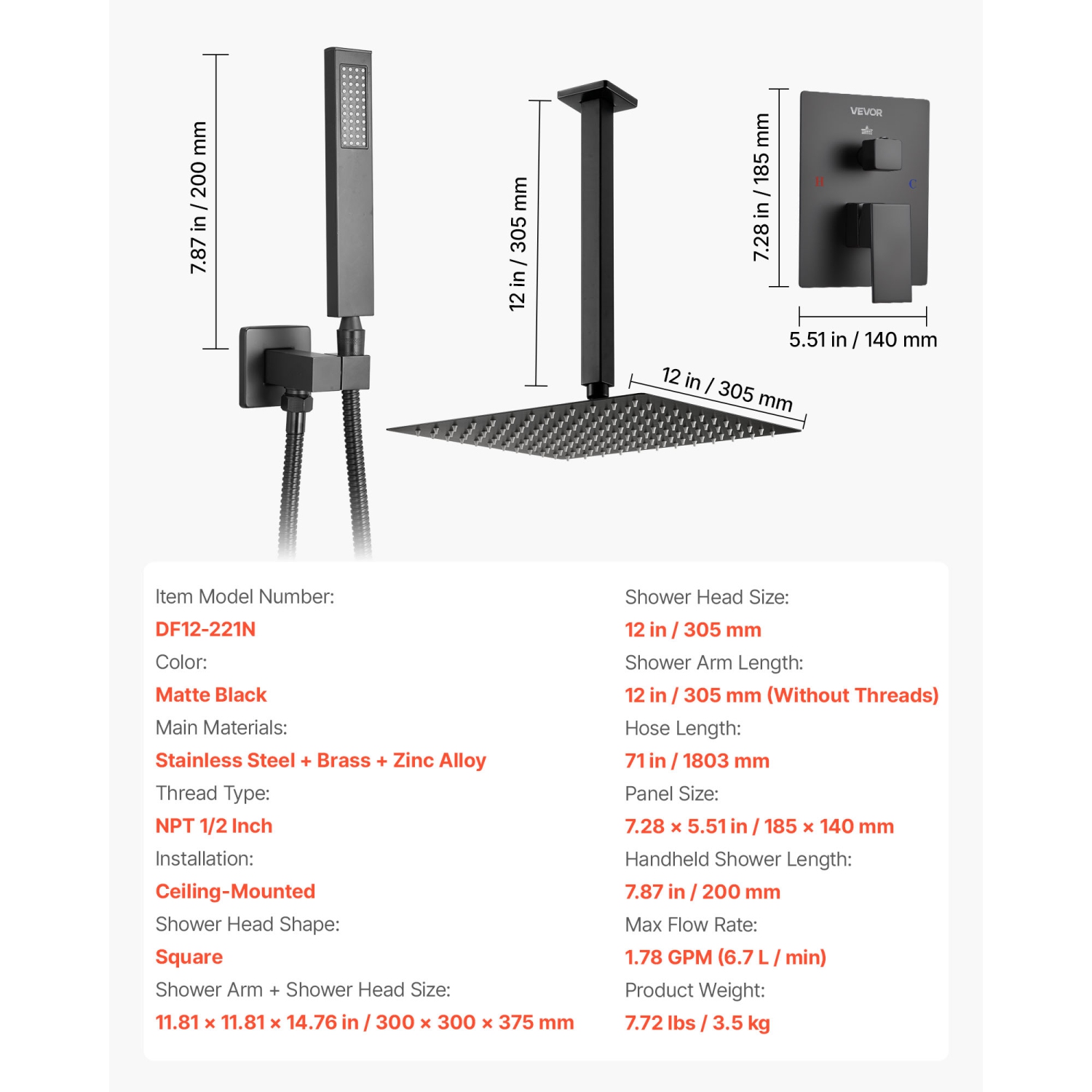 VEVOR 12-Inch Shower Faucet Set, Rainfall Bathroom Shower System with Square Rain Shower Head and Handheld Spray, Ceiling Mount Bath Fixtures with