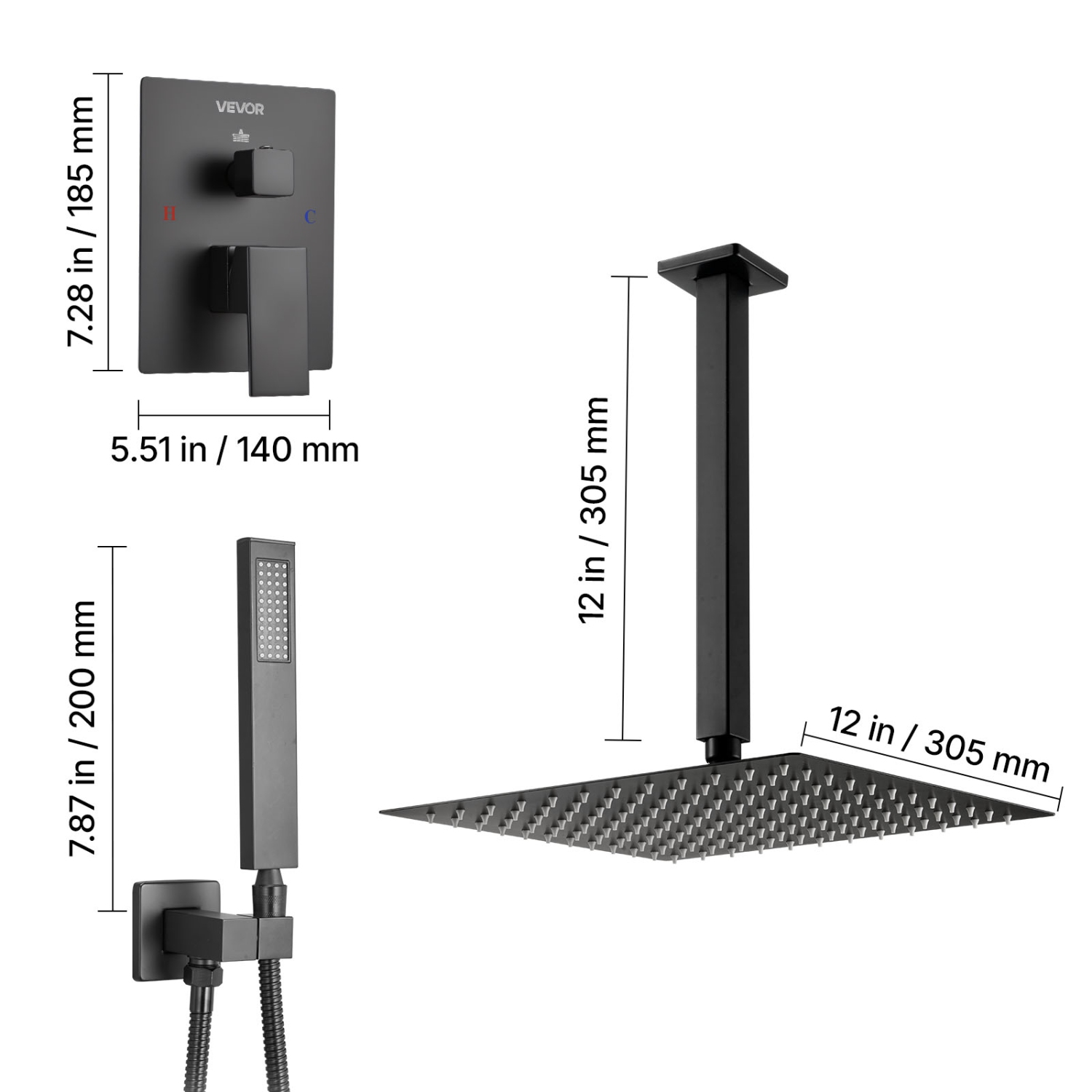 VEVOR 12-Inch Shower Faucet Set, Rainfall Bathroom Shower System with Square Rain Shower Head and Handheld Spray, Ceiling Mount Bath Fixtures with