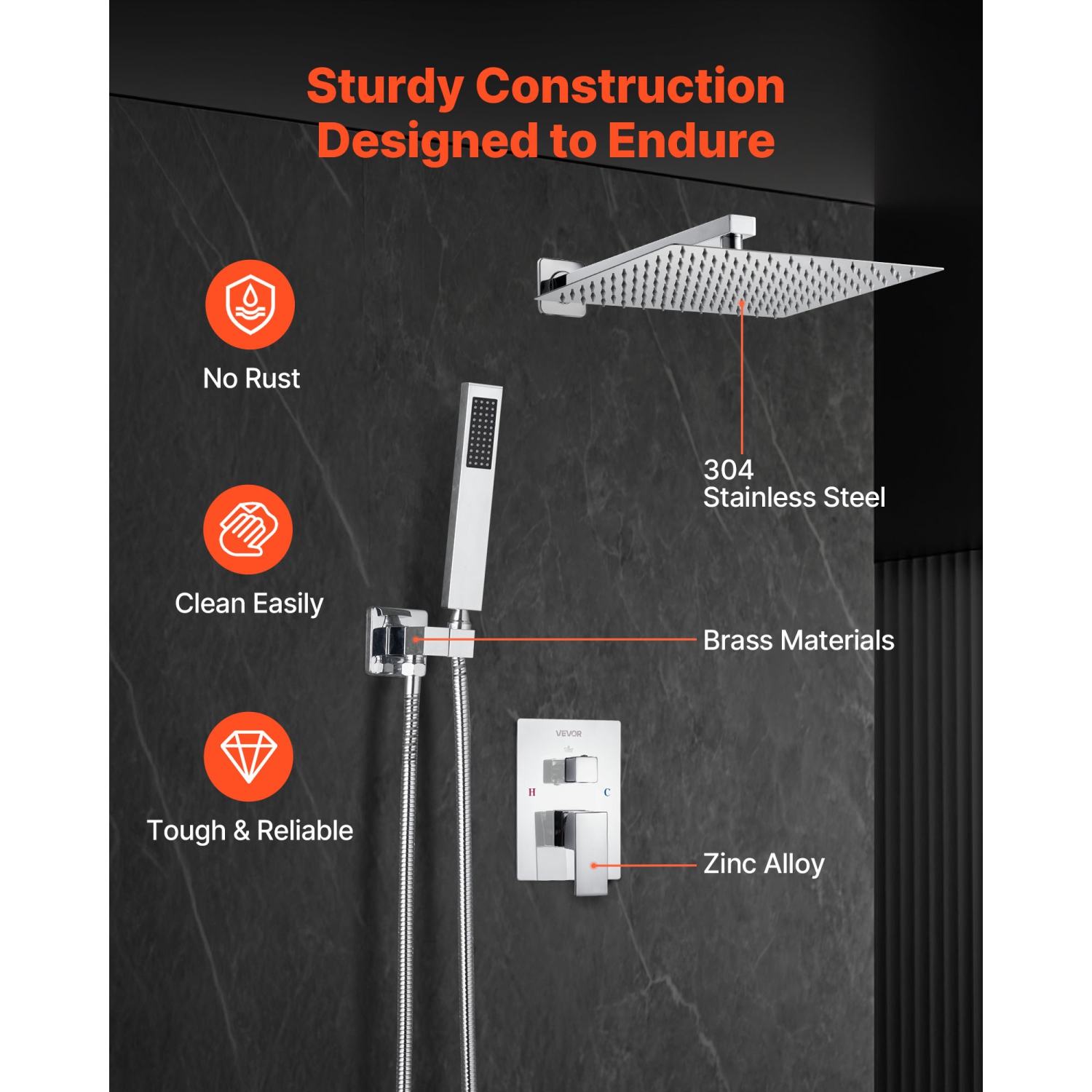 Robinet de douche VEVOR de 12 po, système de douche Rainfall pour salle de bain avec pomme de douche carrée et vaporisateur à main, appareils de
