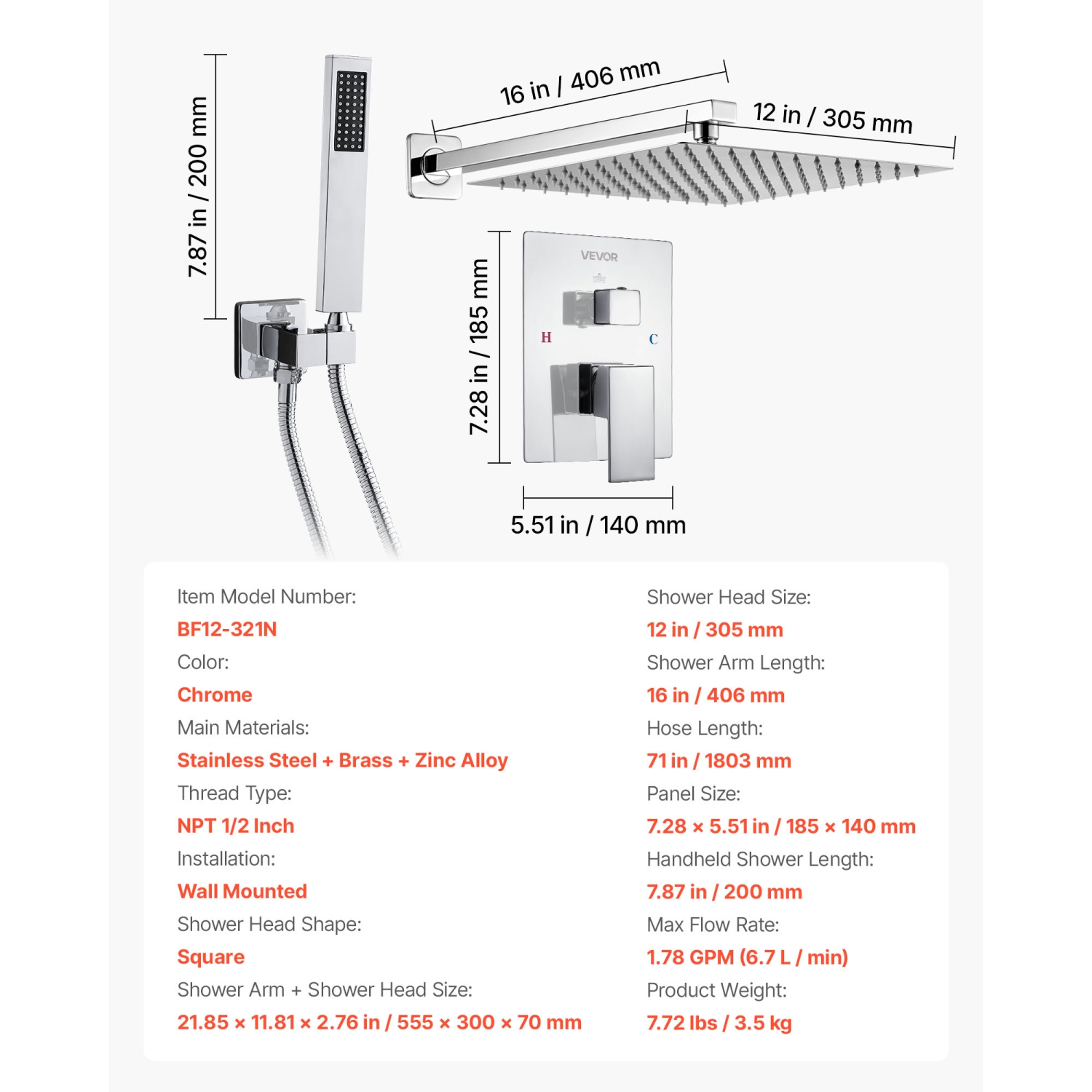 Robinet de douche VEVOR de 12 po, système de douche Rainfall pour salle de bain avec pomme de douche carrée et vaporisateur à main, appareils de
