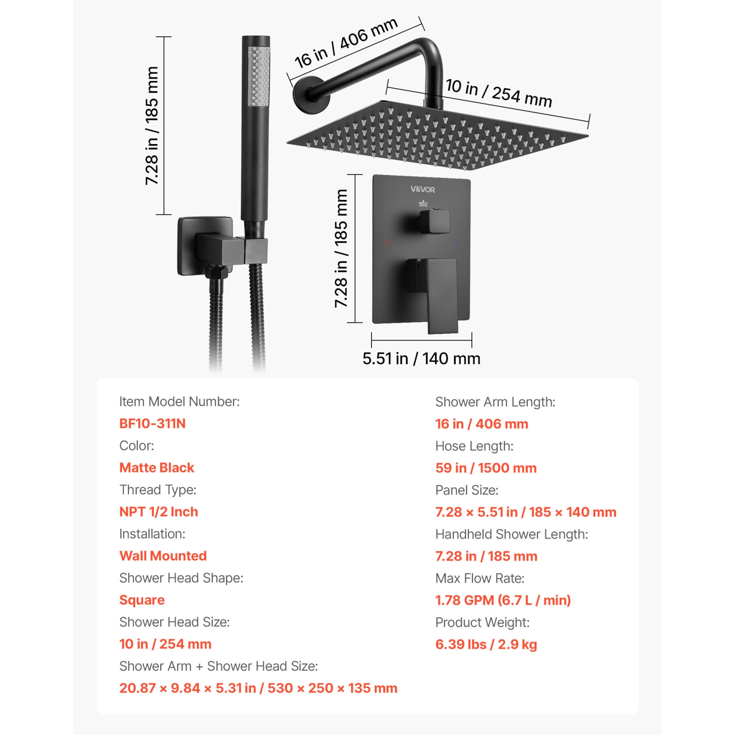 VEVOR 10-Inch Shower Faucet Set, Rainfall Bathroom Shower System with Square Rain Shower Head and Handheld Spray, Wall Mounted Bath Fixtures with