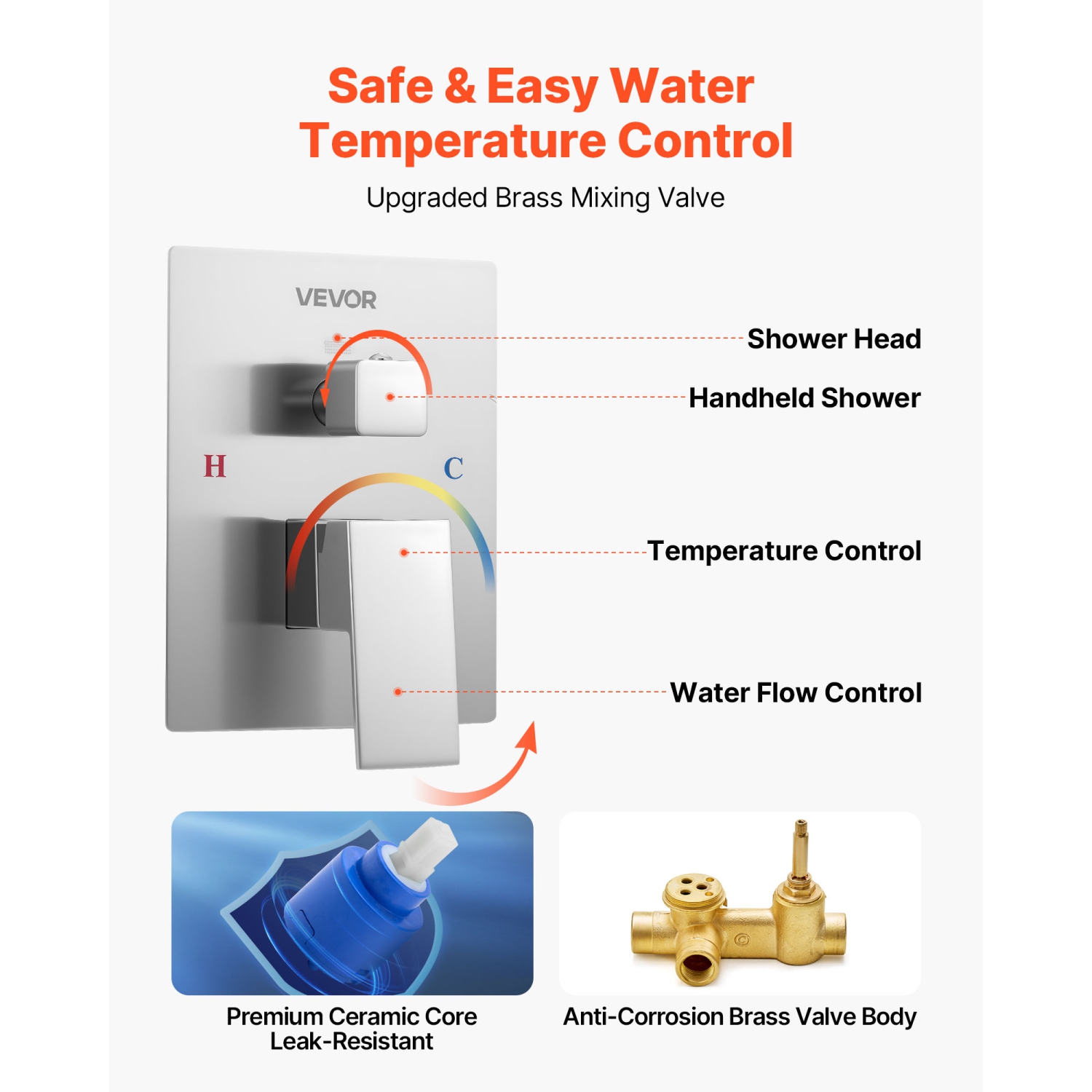 VEVOR 12-Inch Shower Faucet Set, Rainfall Bathroom Shower System with Square Rain Shower Head and Handheld Spray, Ceiling Mount Bath Fixtures with