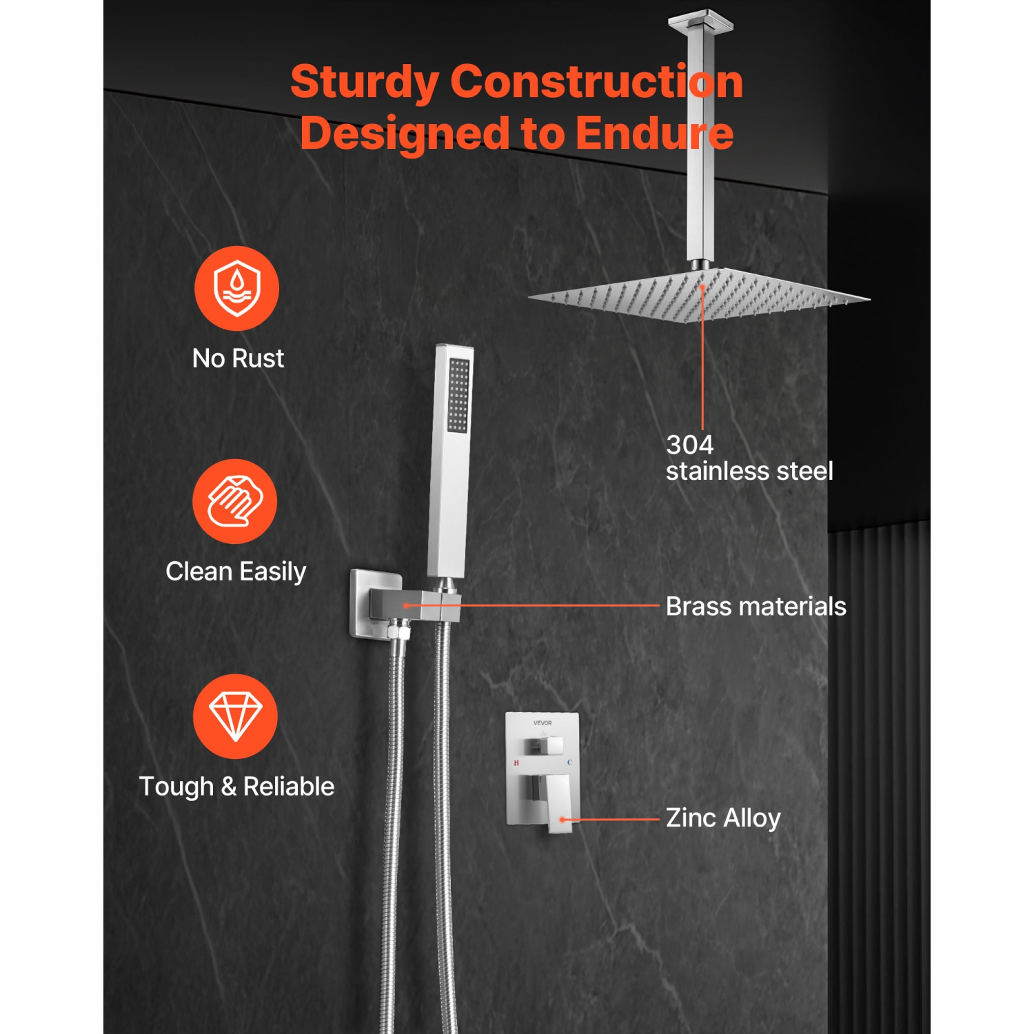 VEVOR 12-Inch Shower Faucet Set, Rainfall Bathroom Shower System with Square Rain Shower Head and Handheld Spray, Ceiling Mount Bath Fixtures with