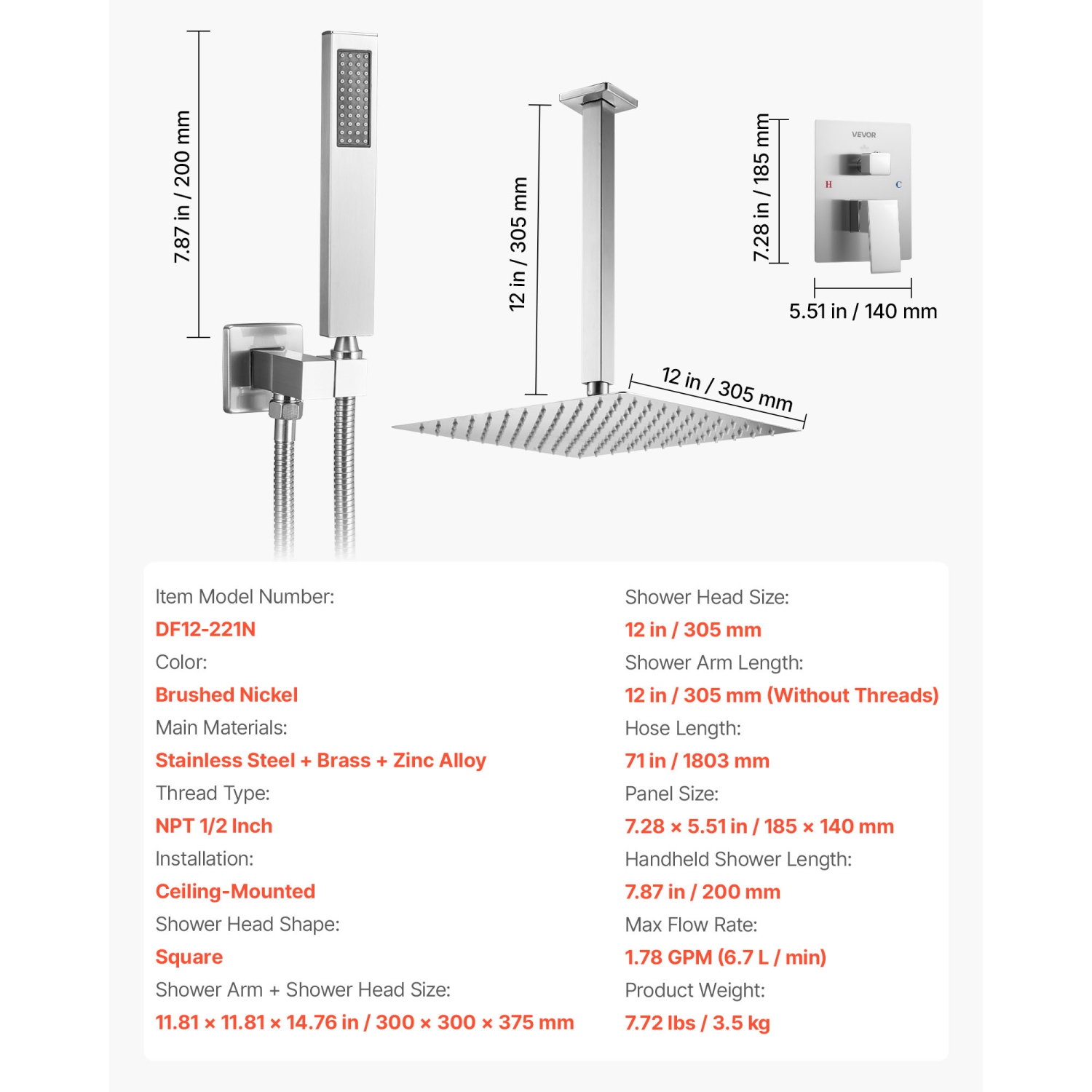 VEVOR 12-Inch Shower Faucet Set, Rainfall Bathroom Shower System with Square Rain Shower Head and Handheld Spray, Ceiling Mount Bath Fixtures with