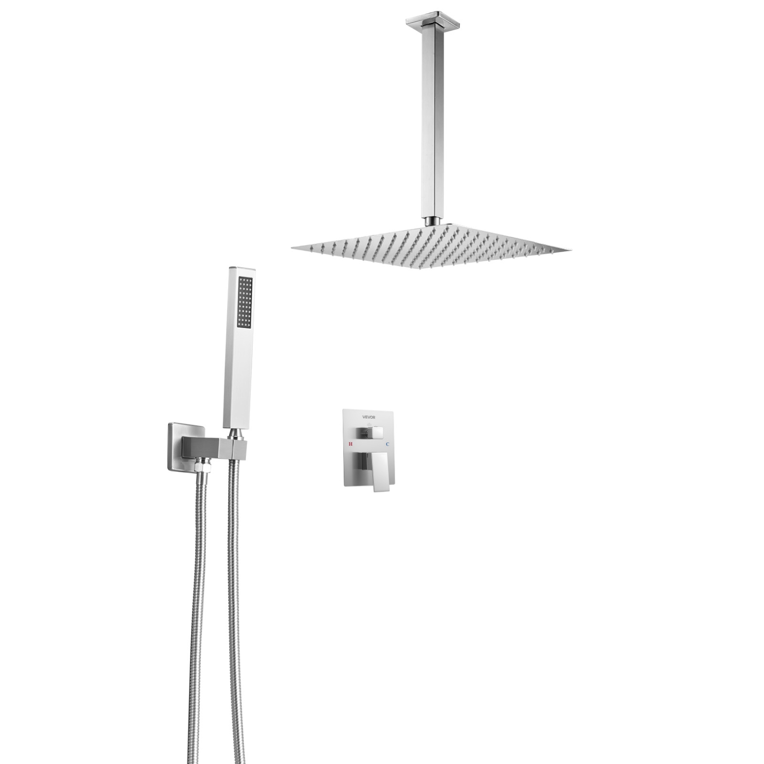 VEVOR 12-Inch Shower Faucet Set, Rainfall Bathroom Shower System with Square Rain Shower Head and Handheld Spray, Ceiling Mount Bath Fixtures with