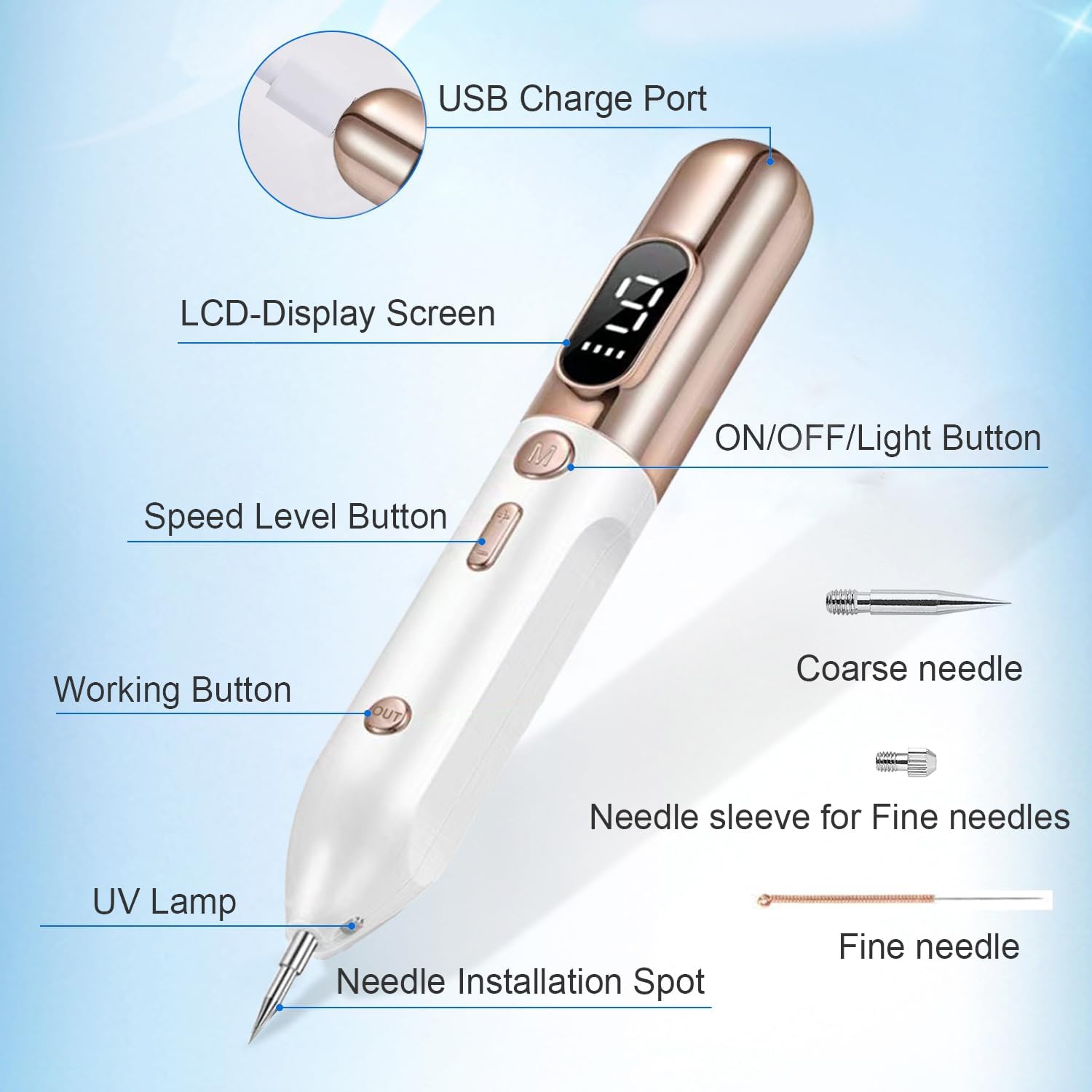 Stylo pour enlever les taches et les taches avec projecteur LED portatif rechargeable à 9 niveaux et outil dermatologique portatif pour la surface de