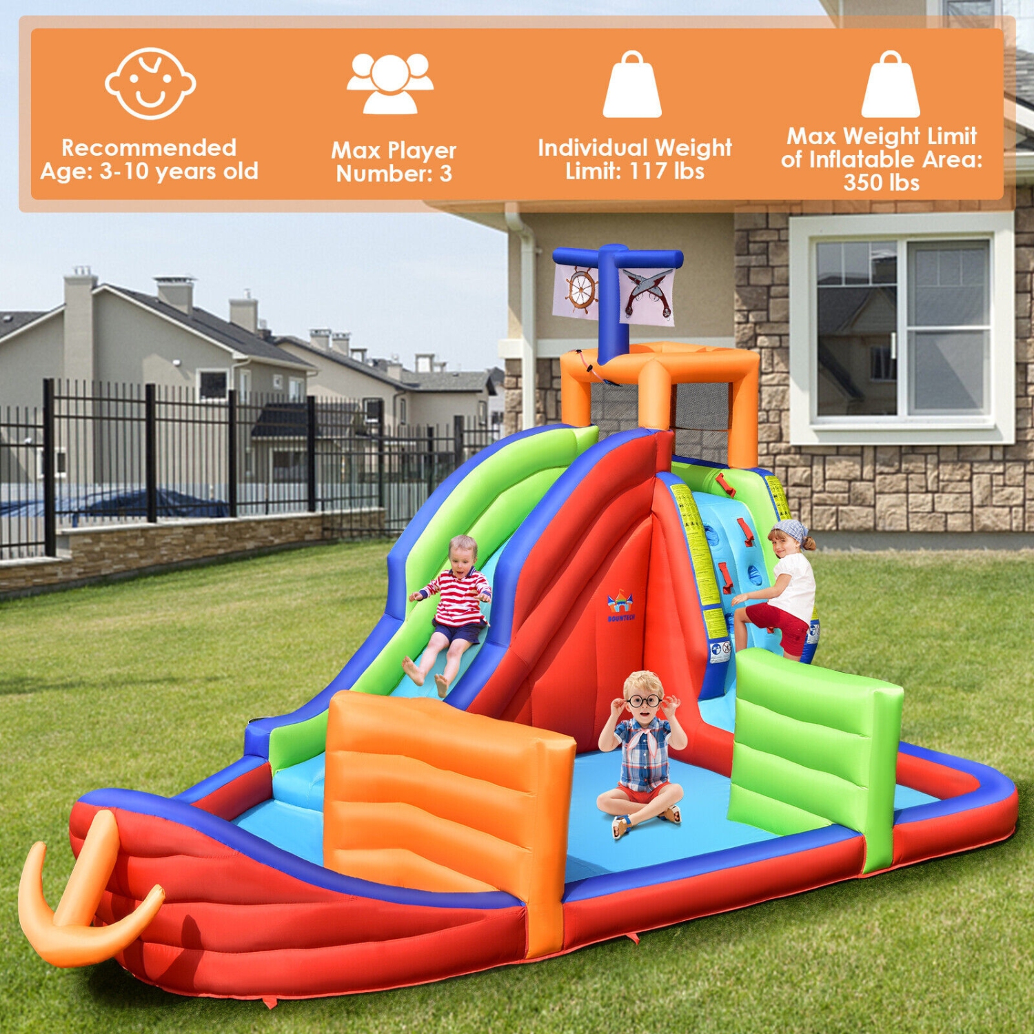 6-in-1 Pirate Ship Water Slide Inflatable Castle with Guns and 735W Blower