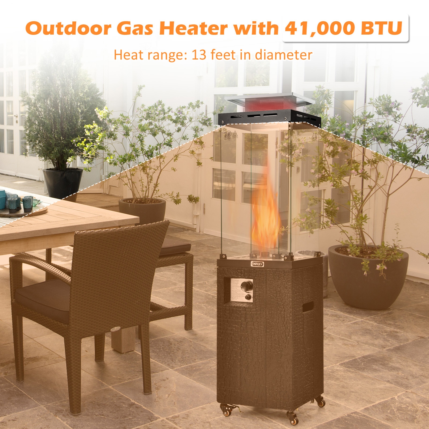 41,000 BTU Propane Patio Heater with Lockable Wheels for Outdoor Heating