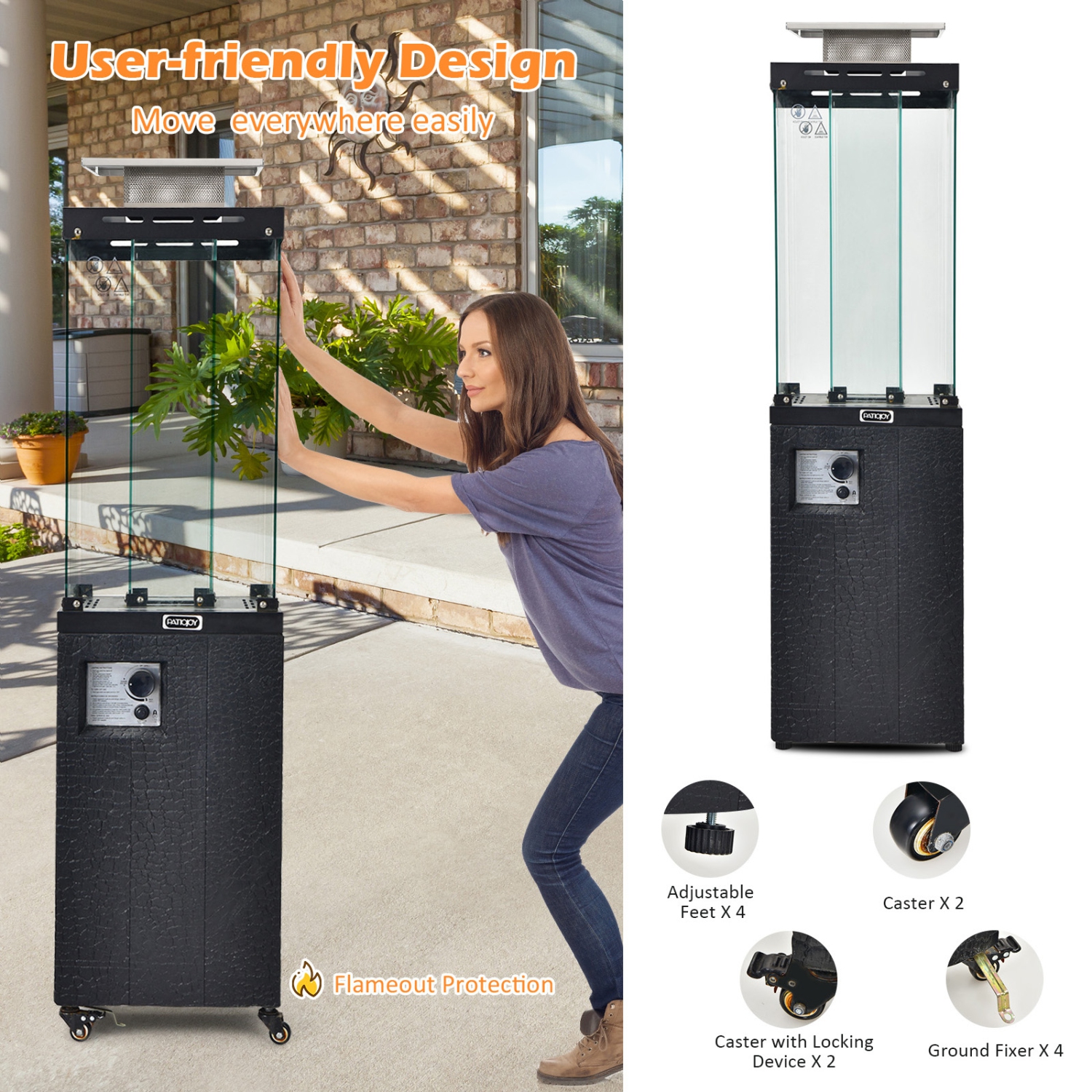 41,000 BTU Propane Patio Heater with Lockable Wheels for Outdoor Heating