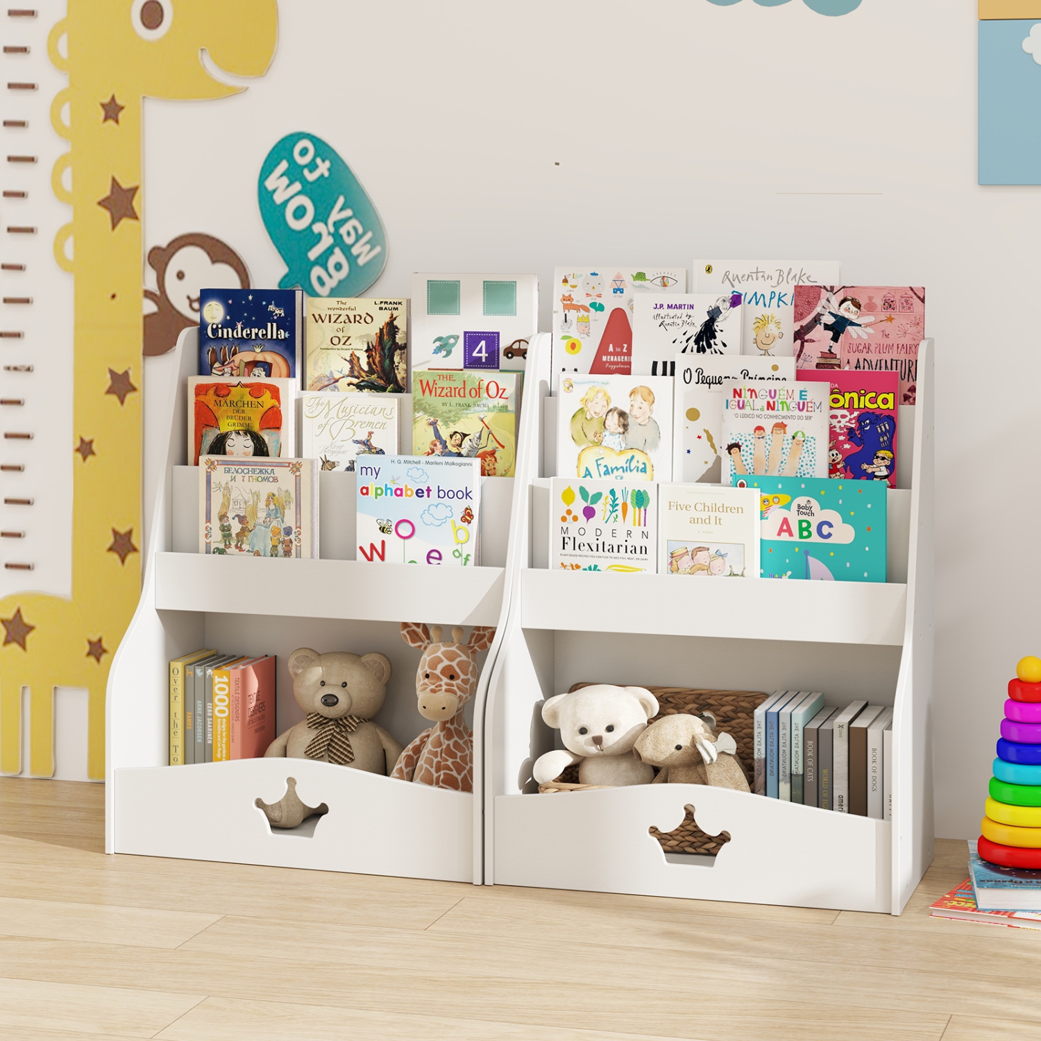 4-Tier Kids Bookshelf with Storage Shelves and Compartment for Toddlers