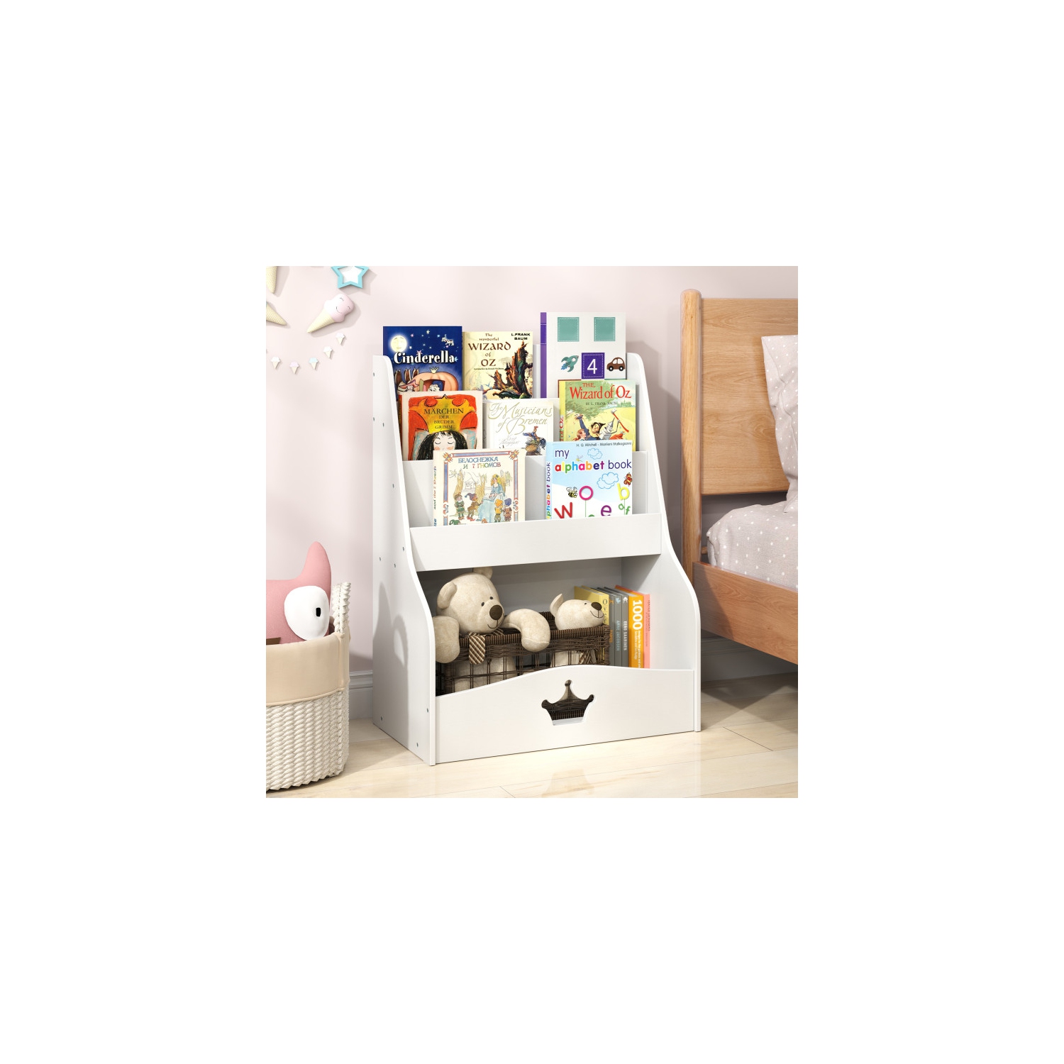 4-Tier Kids Bookshelf with Storage Shelves and Compartment for Toddlers