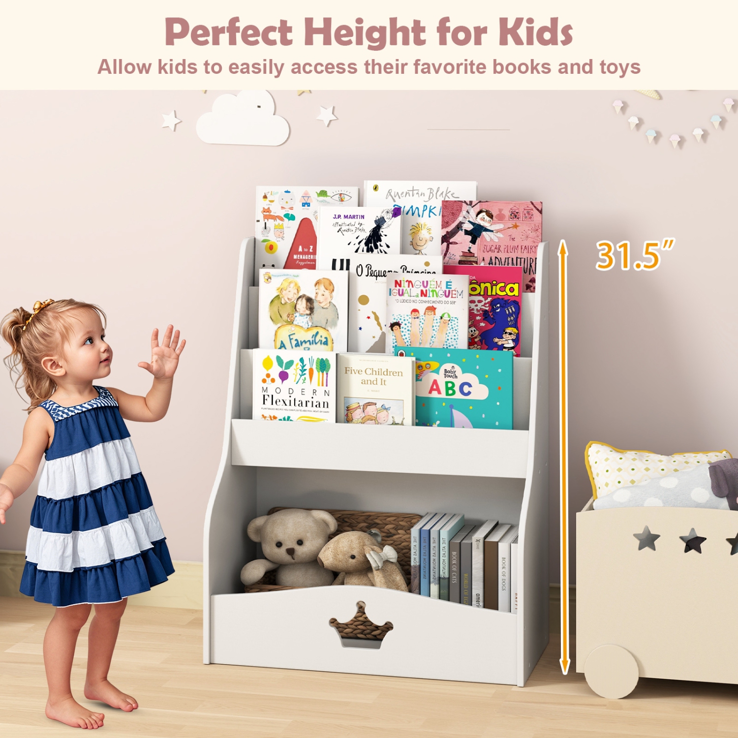 4-Tier Kids Bookshelf with Storage Shelves and Compartment for Toddlers