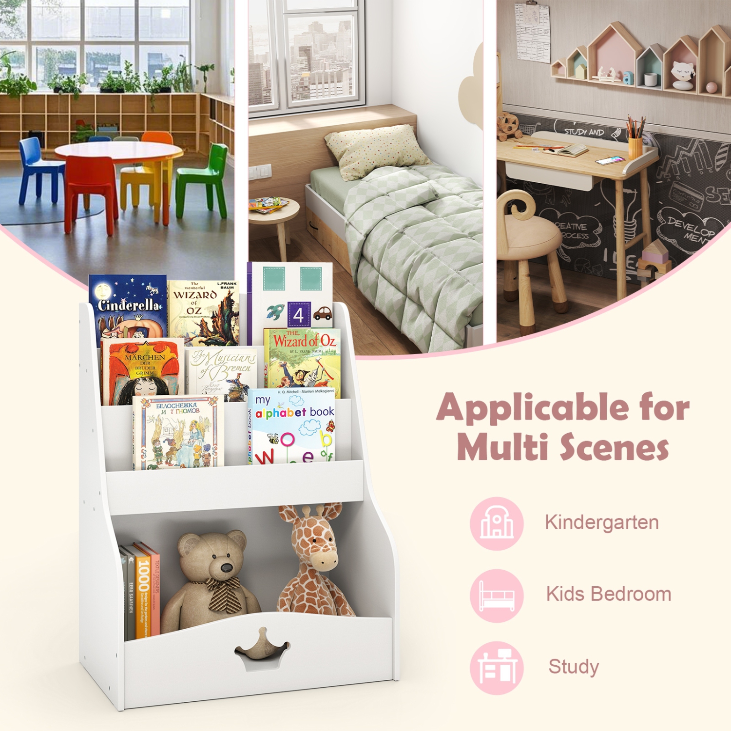 4-Tier Kids Bookshelf with Storage Shelves and Compartment for Toddlers