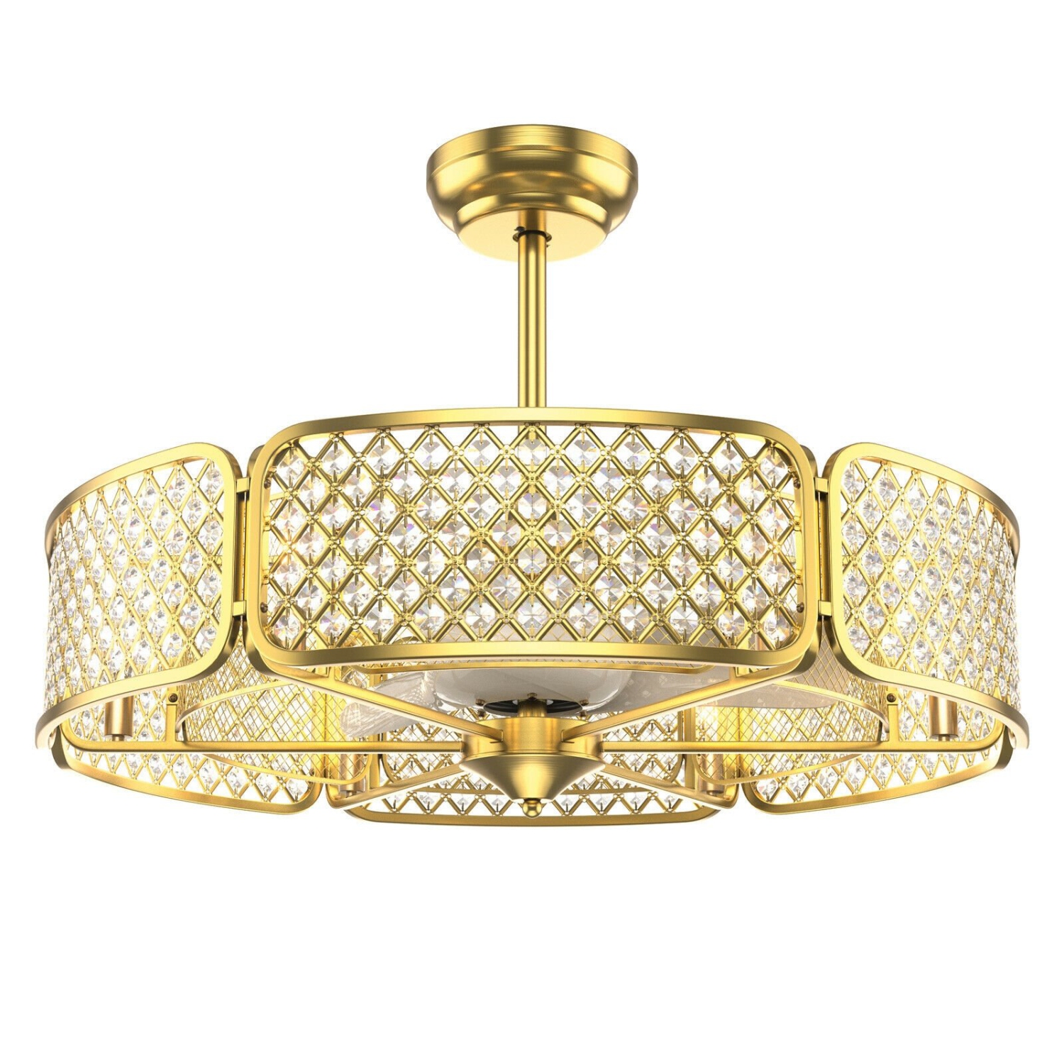 Caged Ceiling Fan with Light and Crystal Lampshade, 6 Light Bases