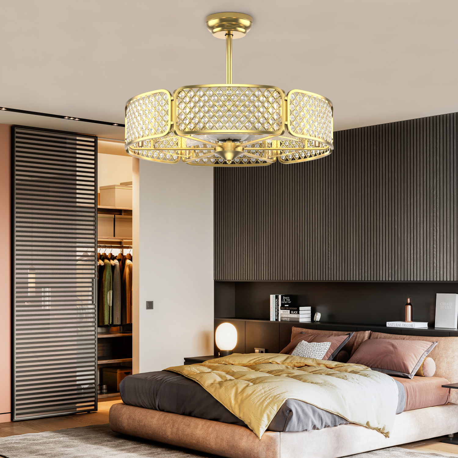Caged Ceiling Fan with Light and Crystal Lampshade, 6 Light Bases