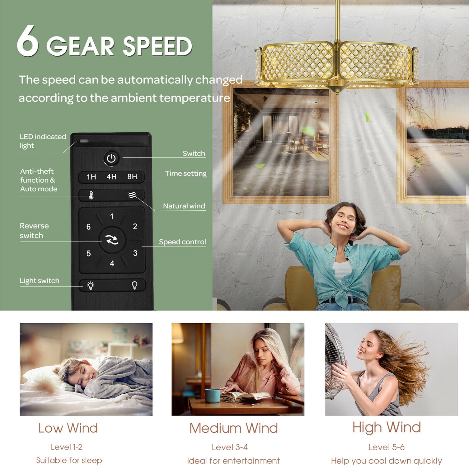 Caged Ceiling Fan with Light and Crystal Lampshade, 6 Light Bases