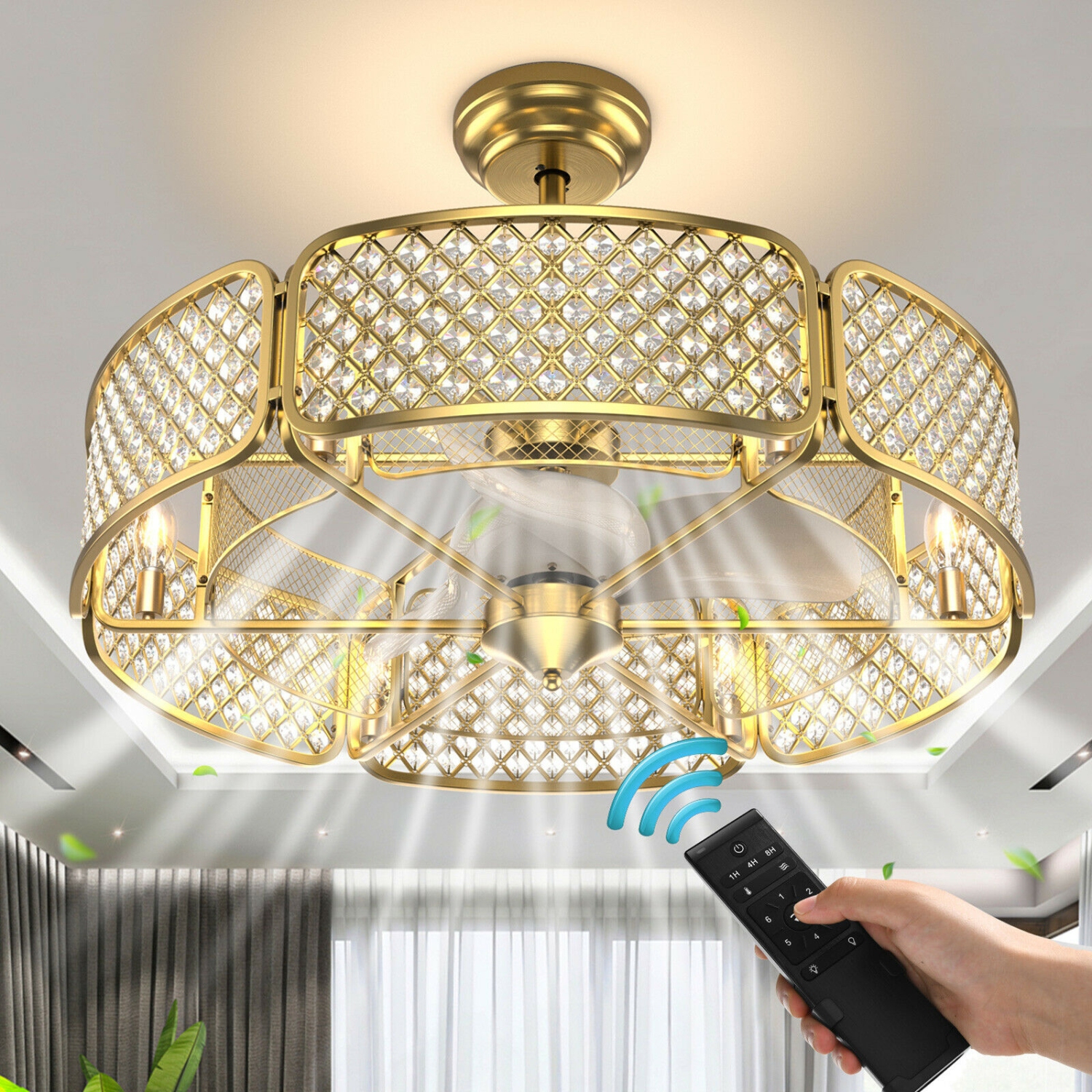 Caged Ceiling Fan with Light and Crystal Lampshade, 6 Light Bases